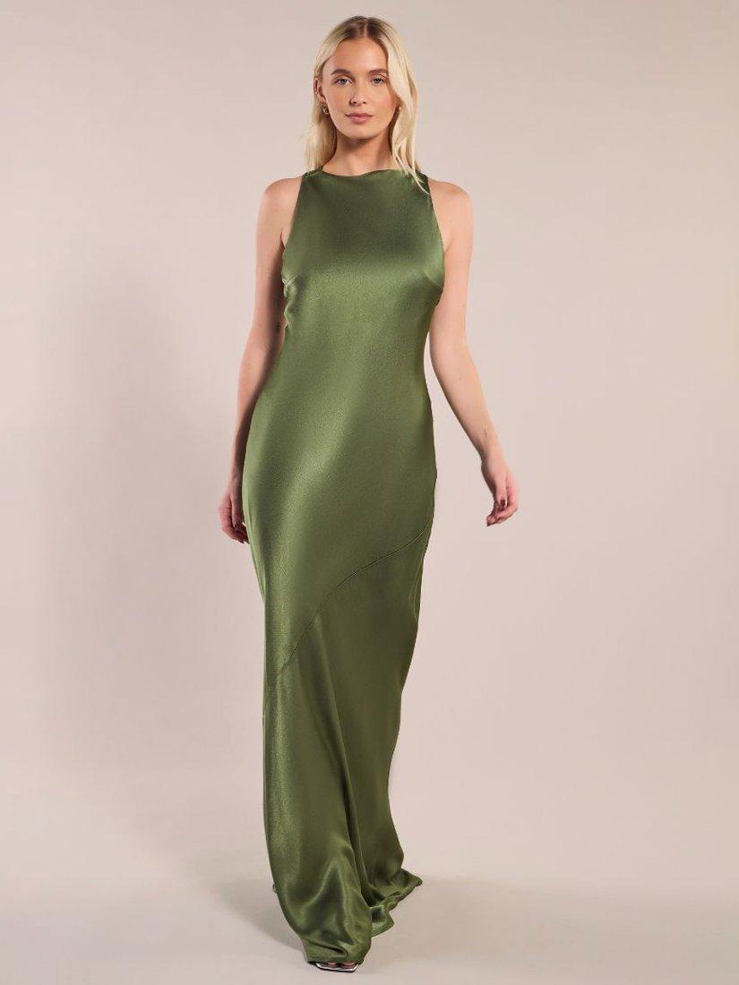 Product image 1 of 5, which shows Rewritten Paris Satin Crossback Bridesmaids Dress, Olive Green, 8