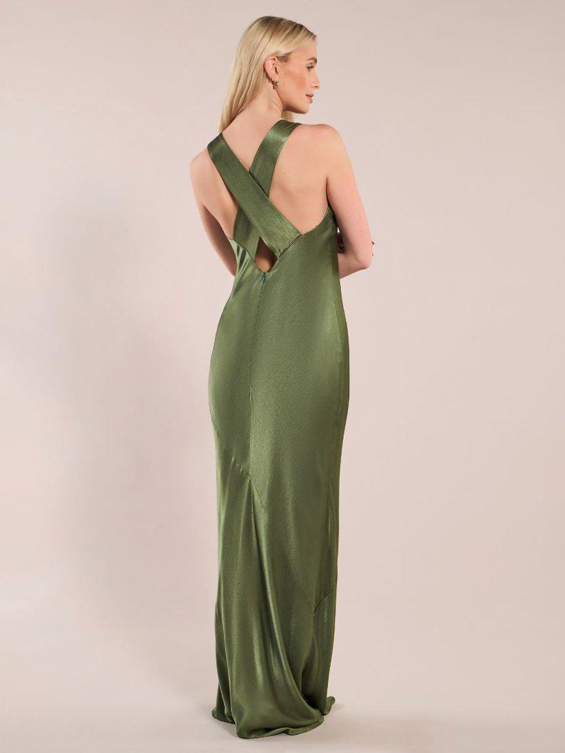 Product image 2 of 5, which shows Rewritten Paris Satin Crossback Bridesmaids Dress, Olive Green, 8