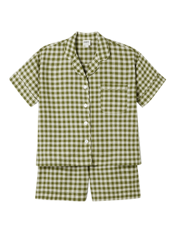 Piglet in Bed Gingham Linen Blend Short Pyjama Set, Botanical Green