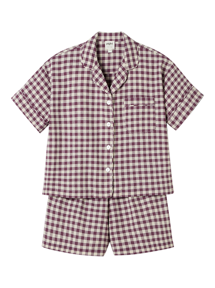 Piglet in Bed Gingham Linen Blend Short Pyjama Set, Berry