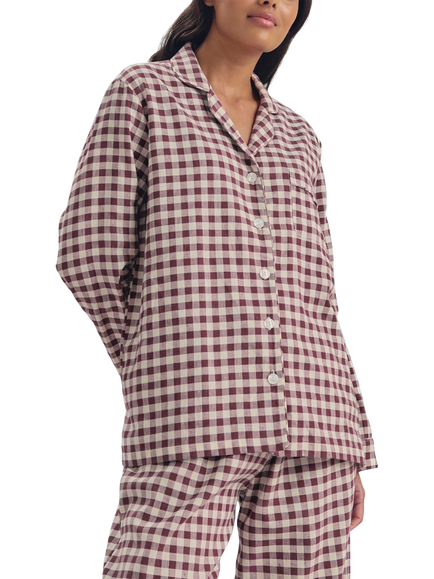 Piglet in Bed Gingham Linen Blend Long Pyjama Set, Berry