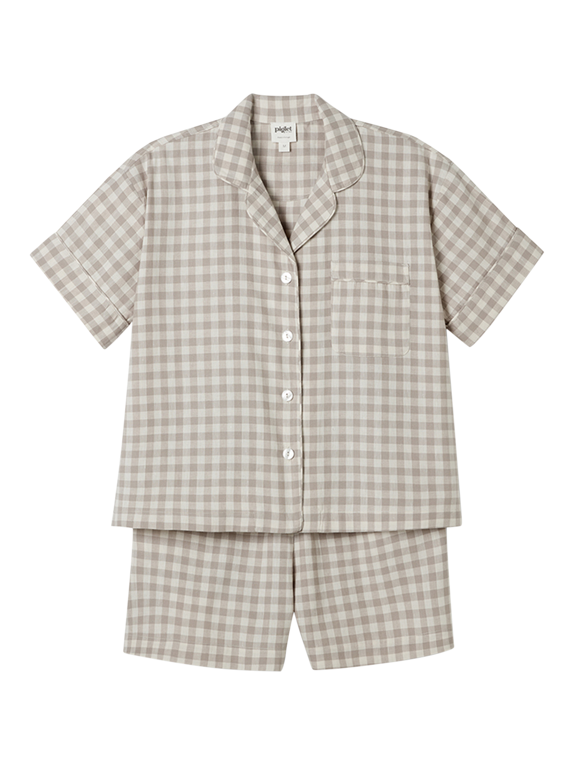 Product image 1 of 4, which shows Piglet in Bed Gingham Linen Blend Short Pyjama Set, Mushroom, XS