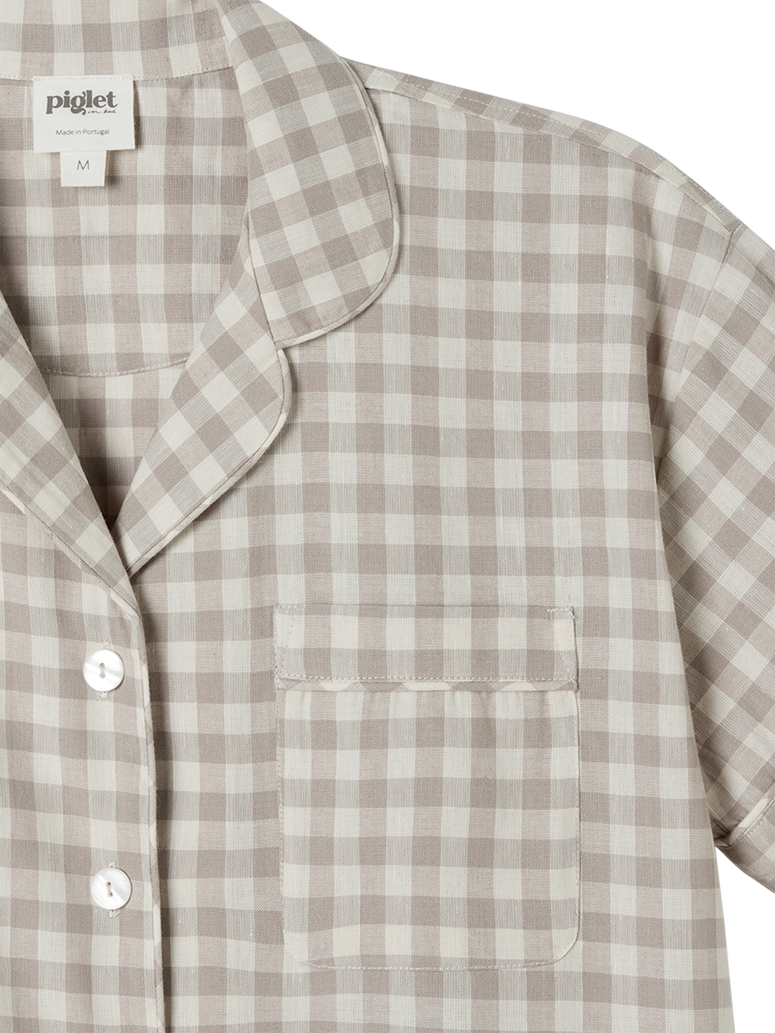 Product image 3 of 4, which shows Piglet in Bed Gingham Linen Blend Short Pyjama Set, Mushroom, XS