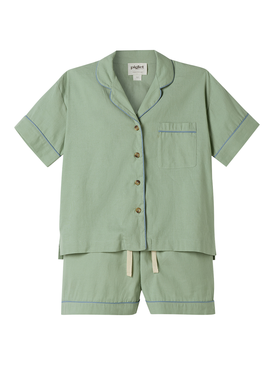 Product image 1 of 4, which shows Piglet in Bed Linen Blend Short Pyjama Set, Sage Green, XS