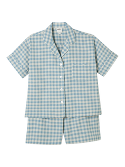 Piglet in Bed Gingham Linen Blend Short Pyjama Set, Warm Blue