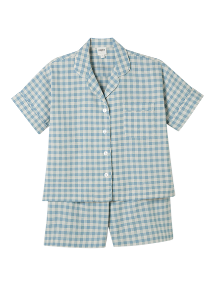 Piglet in Bed Gingham Linen Blend Short Pyjama Set, Warm Blue