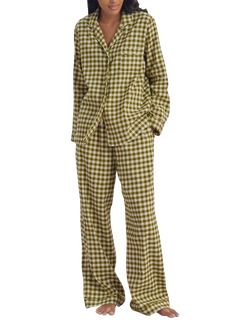 Piglet in Bed Gingham Linen Blend Long Pyjama Set, Botanical Green