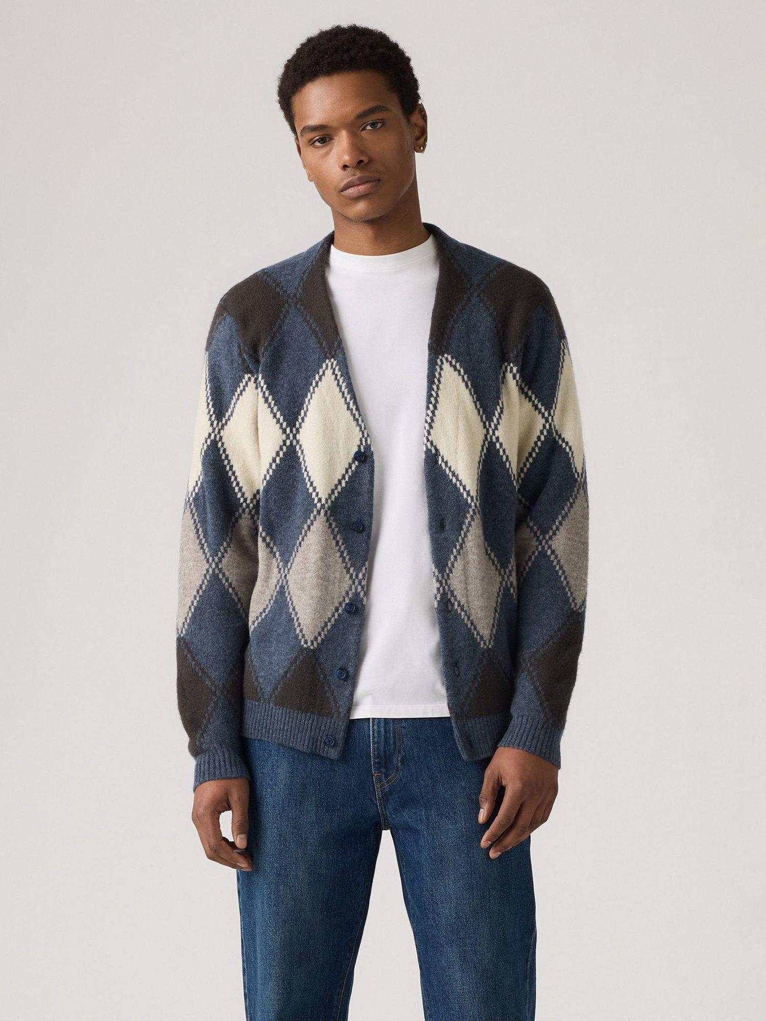 Product image 1 of 3, which shows Levi's Valencia Cotton Blend Geometric V Neck Cardigan, Indigo, M