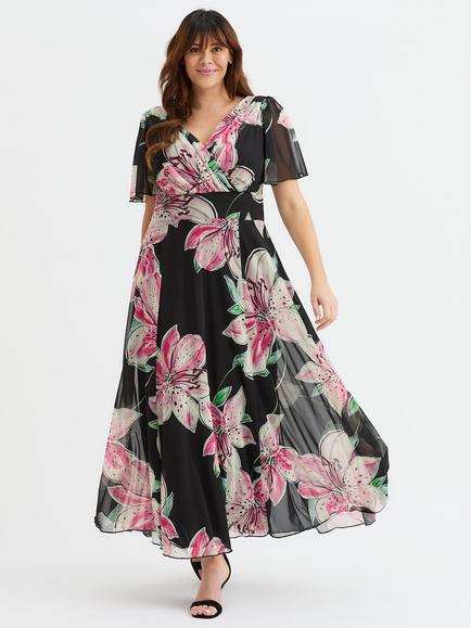 Scarlett & Jo Isabelle Floral Angel Sleeve Maxi Dress, Black/Pink
