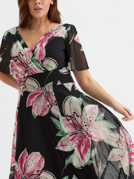 Scarlett & Jo Isabelle Floral Angel Sleeve Maxi Dress - view 2, Black/Pink