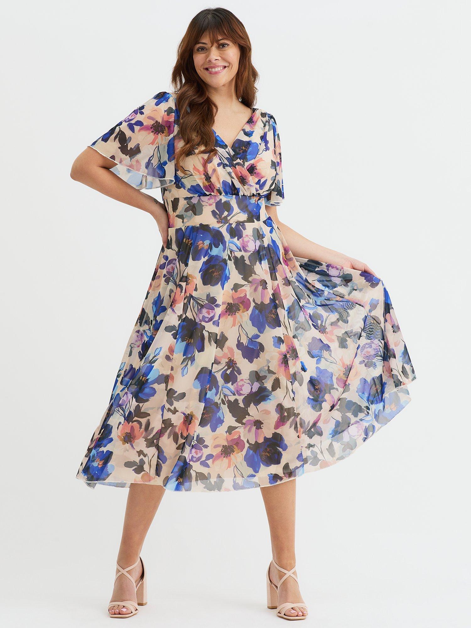 Product image 1 of 4, which shows Scarlett & Jo Victoria Floral Angel Sleeve Midi Dress, Beige/Blue, 12