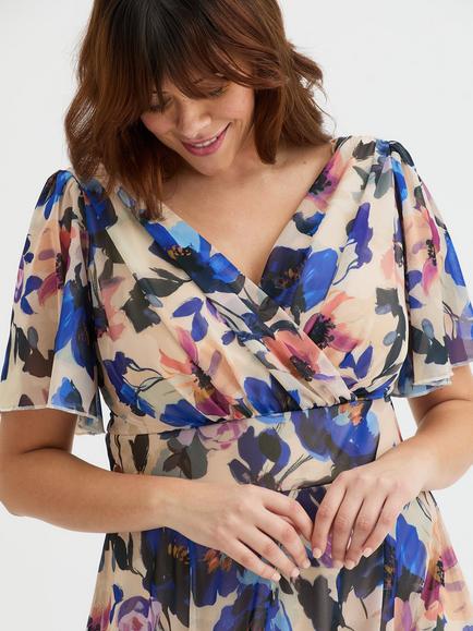 Scarlett & Jo Victoria Floral Angel Sleeve Midi Dress, Beige/Blue - view 2, Beige/Blue