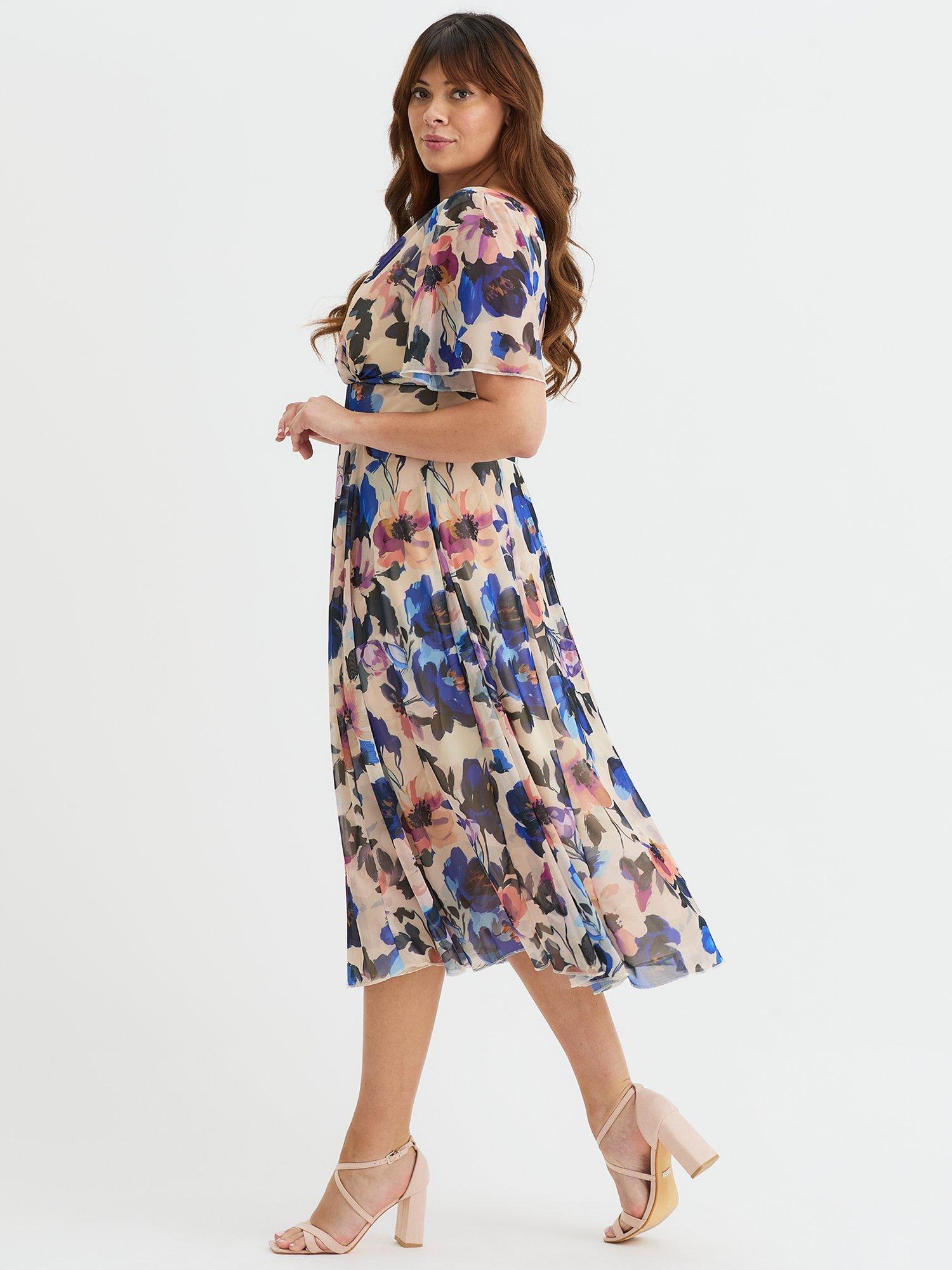 Product image 3 of 4, which shows Scarlett & Jo Victoria Floral Angel Sleeve Midi Dress, Beige/Blue, 12