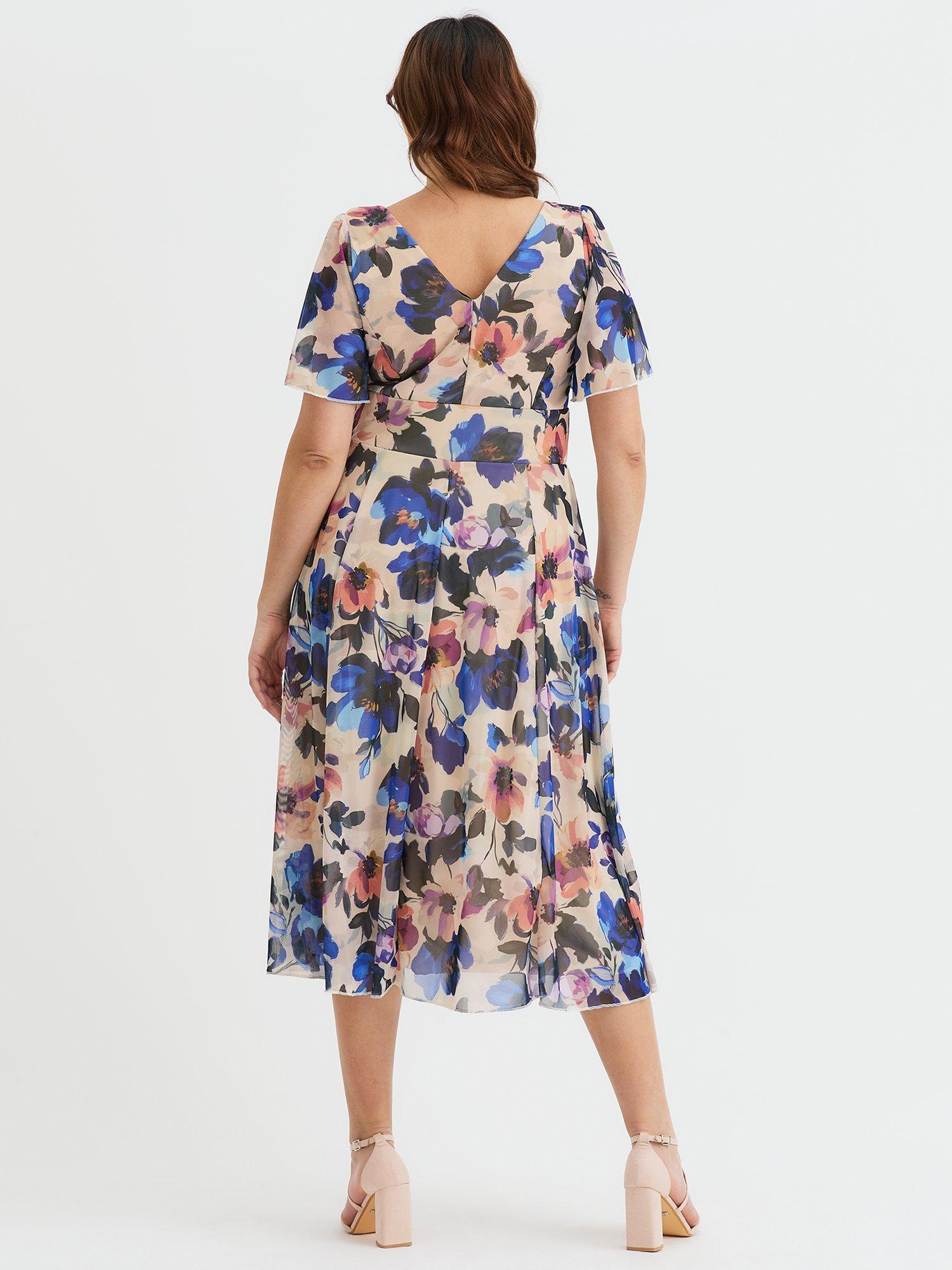 Product image 4 of 4, which shows Scarlett & Jo Victoria Floral Angel Sleeve Midi Dress, Beige/Blue, 12