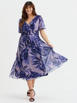 Scarlett & Jo Victoria Floral Leaf Angel Sleeve Midi Dress, Indigo, Indigo