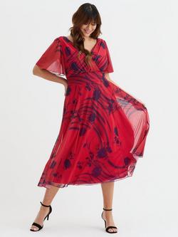 Scarlett & Jo Victoria Abstract Floral Angel Sleeve Midi Dress, Red/Navy, Red/Navy