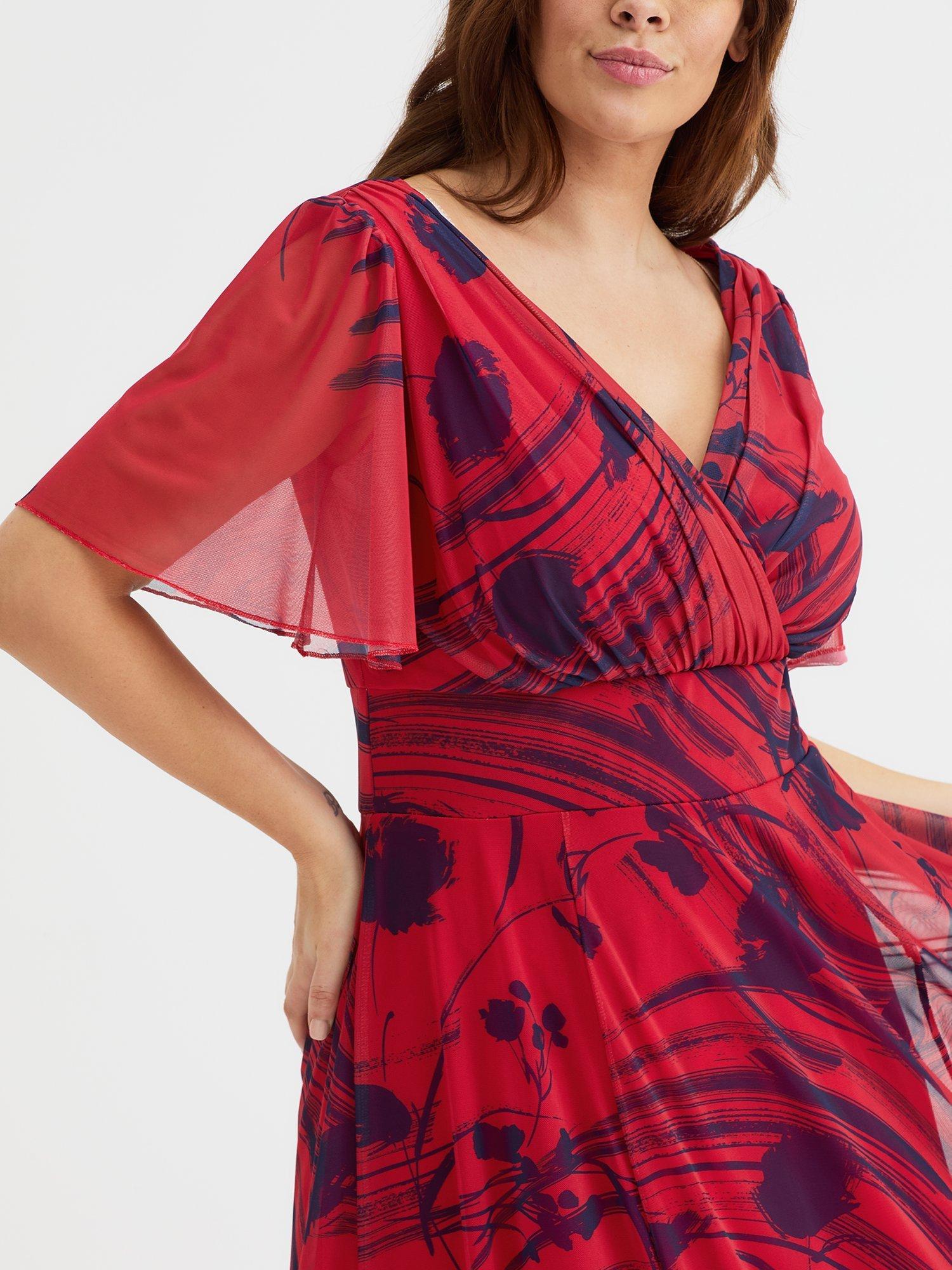 Product image 2 of 4, which shows Scarlett & Jo Victoria Abstract Floral Angel Sleeve Midi Dress, Red/Navy, 12