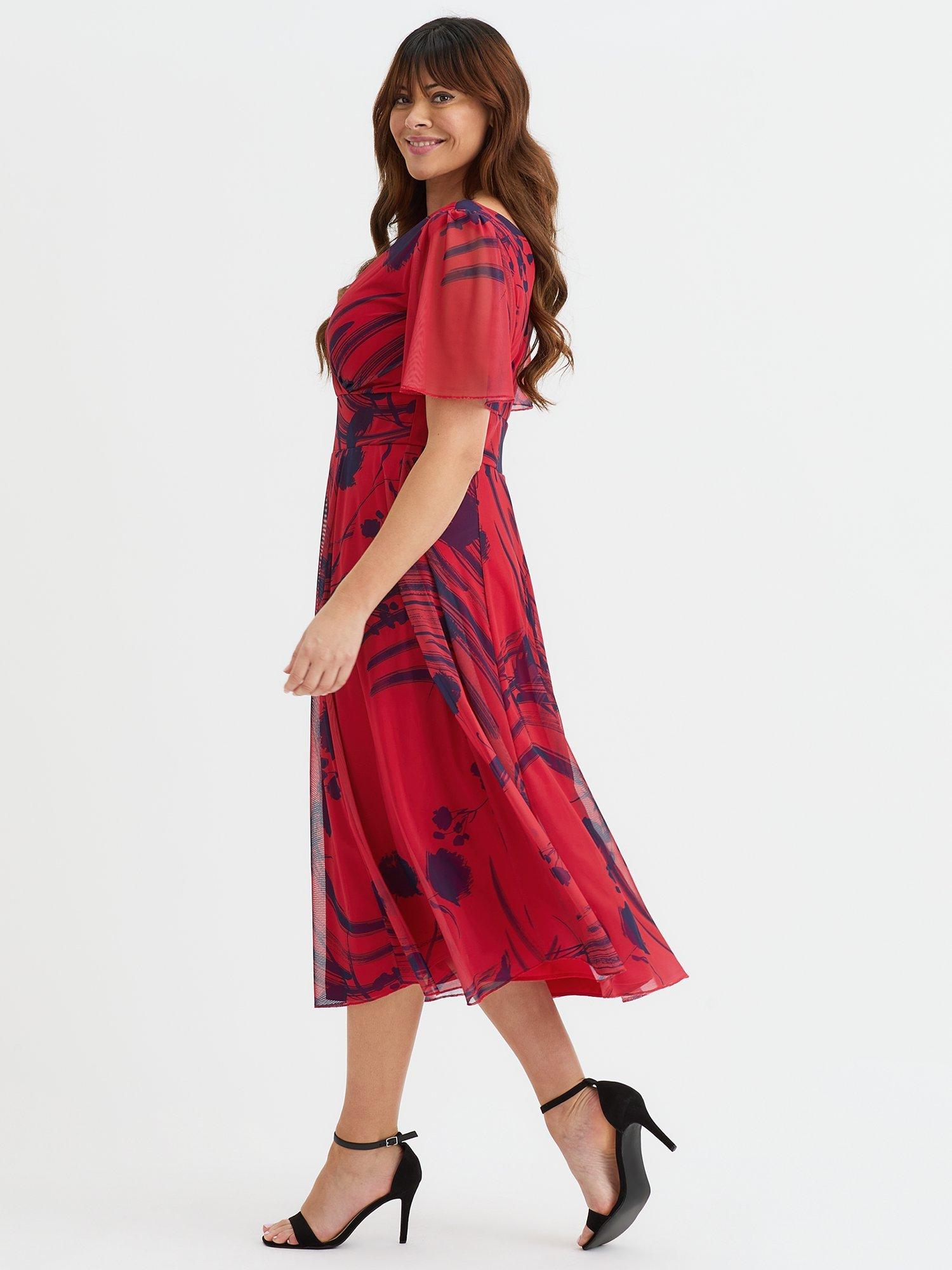 Product image 3 of 4, which shows Scarlett & Jo Victoria Abstract Floral Angel Sleeve Midi Dress, Red/Navy, 12