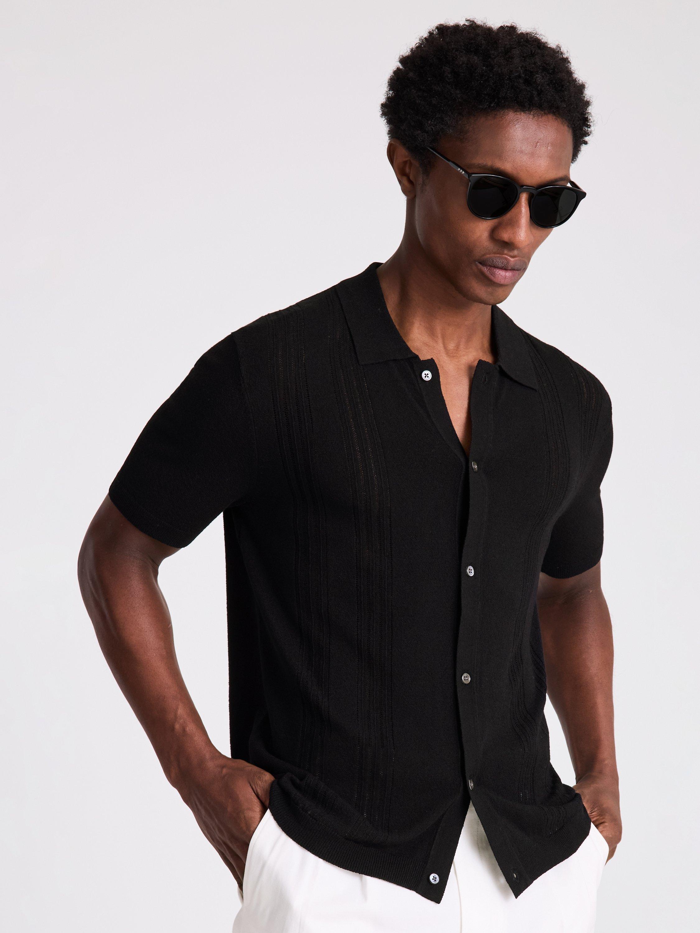 Moss Regular Fit Pointelle Knit Shirt, Black