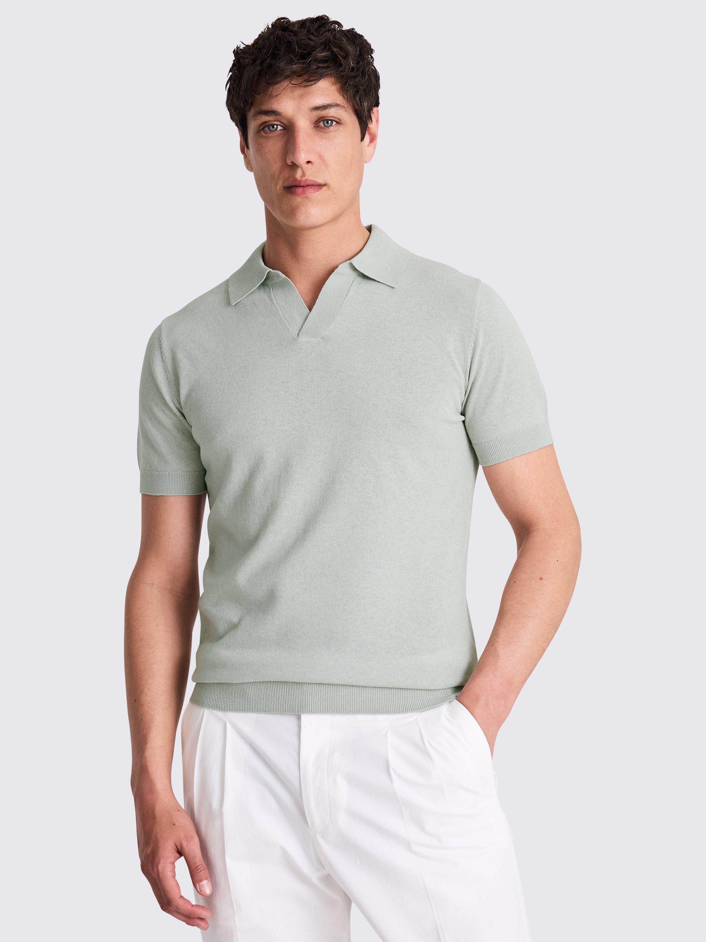 Moss Cotton Linen Blend Skipper Collar Knit Polo, Green