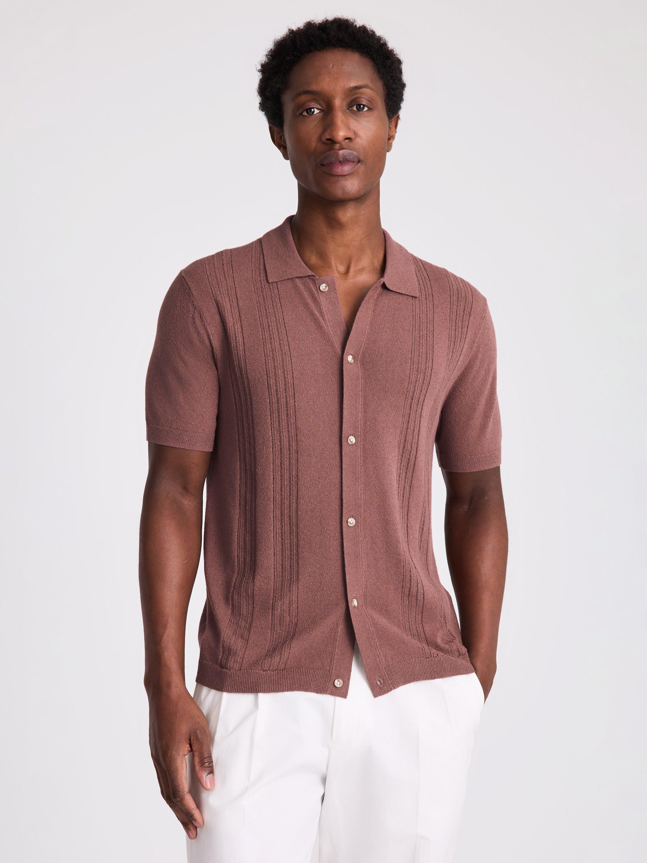 Moss Pointelle Knit Short Sleeve Shirt, Pink