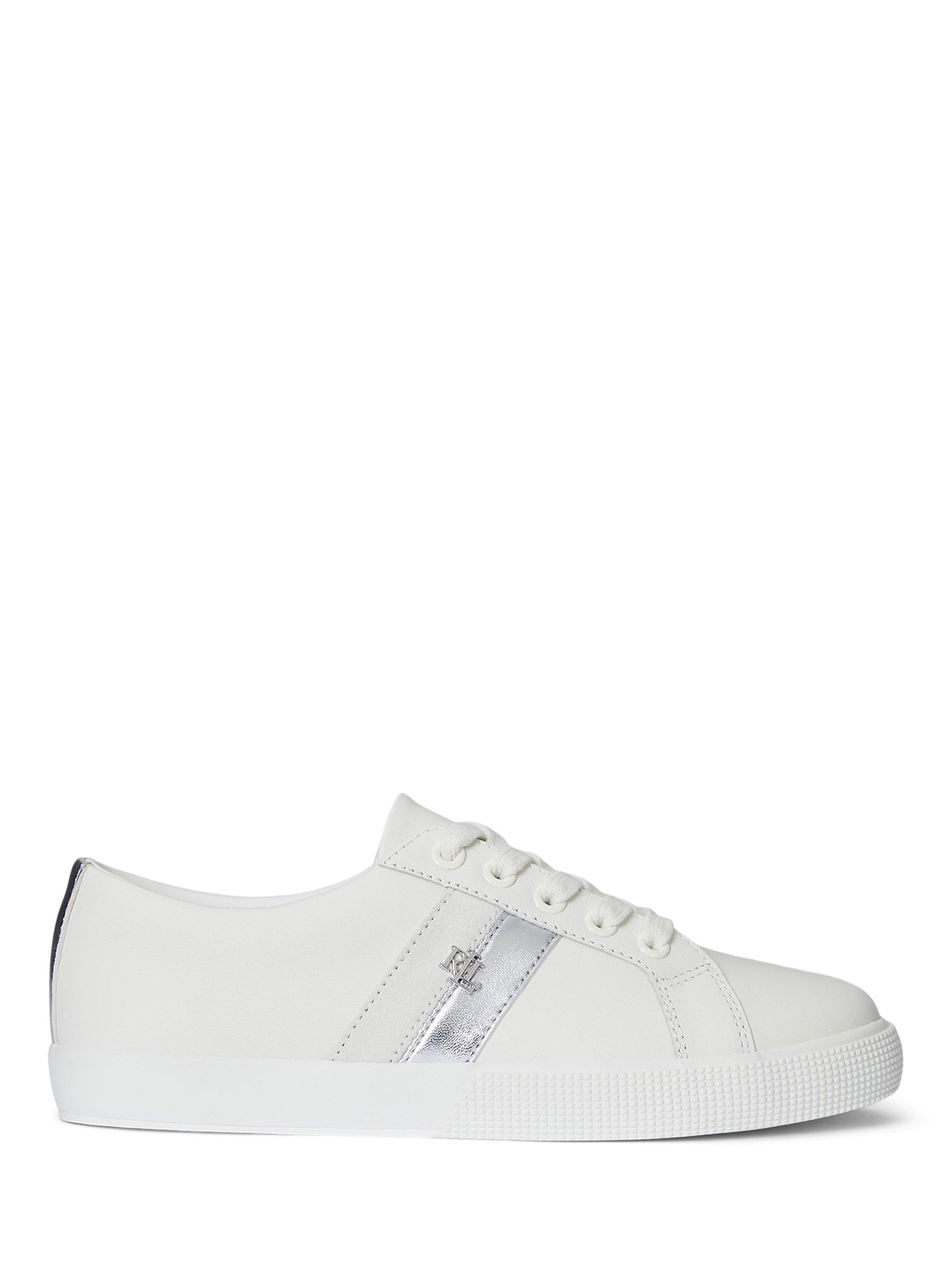 Product image 1 of 4, which shows Lauren Ralph Lauren Janson Leather Trainers, White/Silver, 3