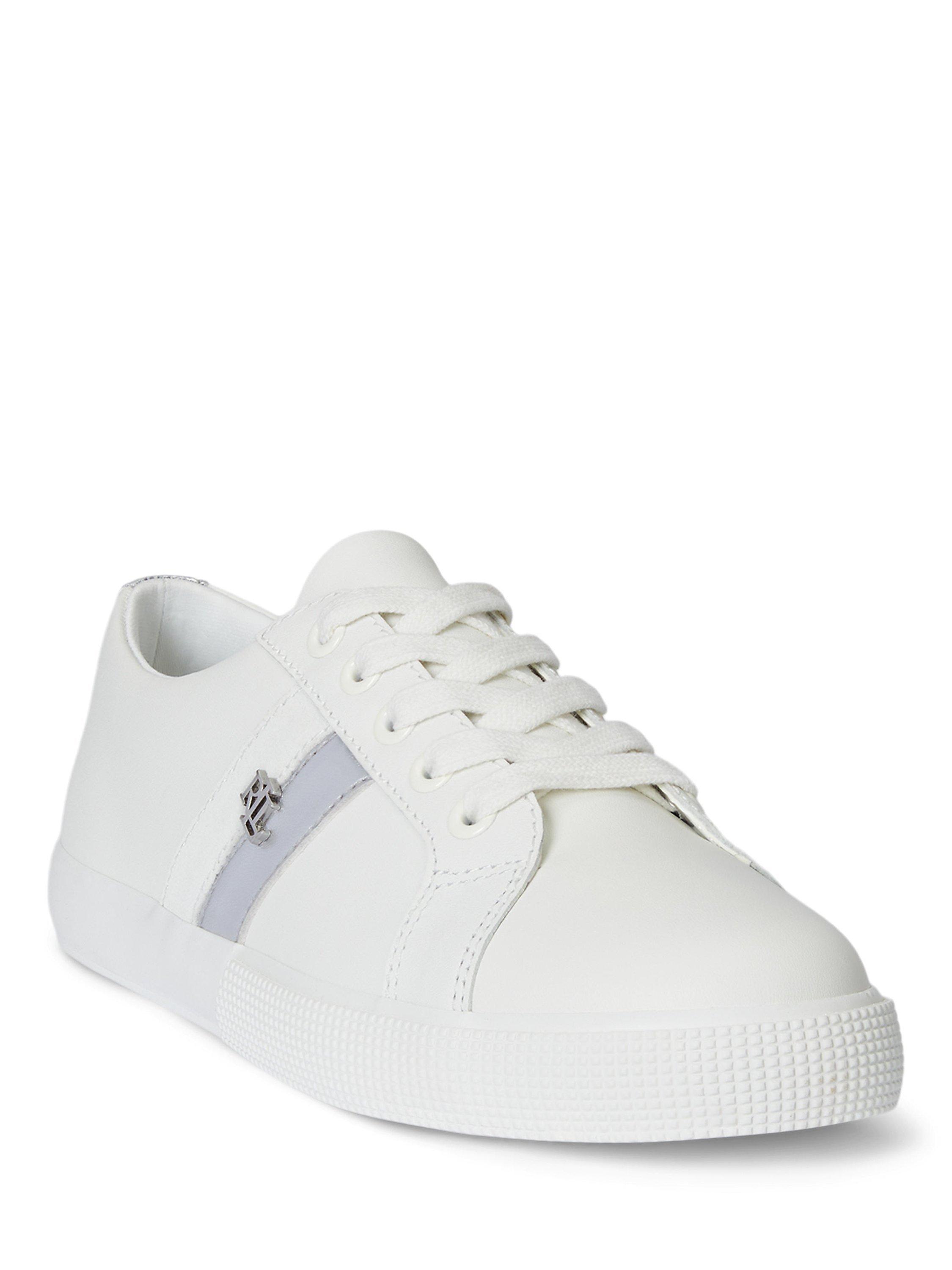 Product image 2 of 4, which shows Lauren Ralph Lauren Janson Leather Trainers, White/Silver, 3