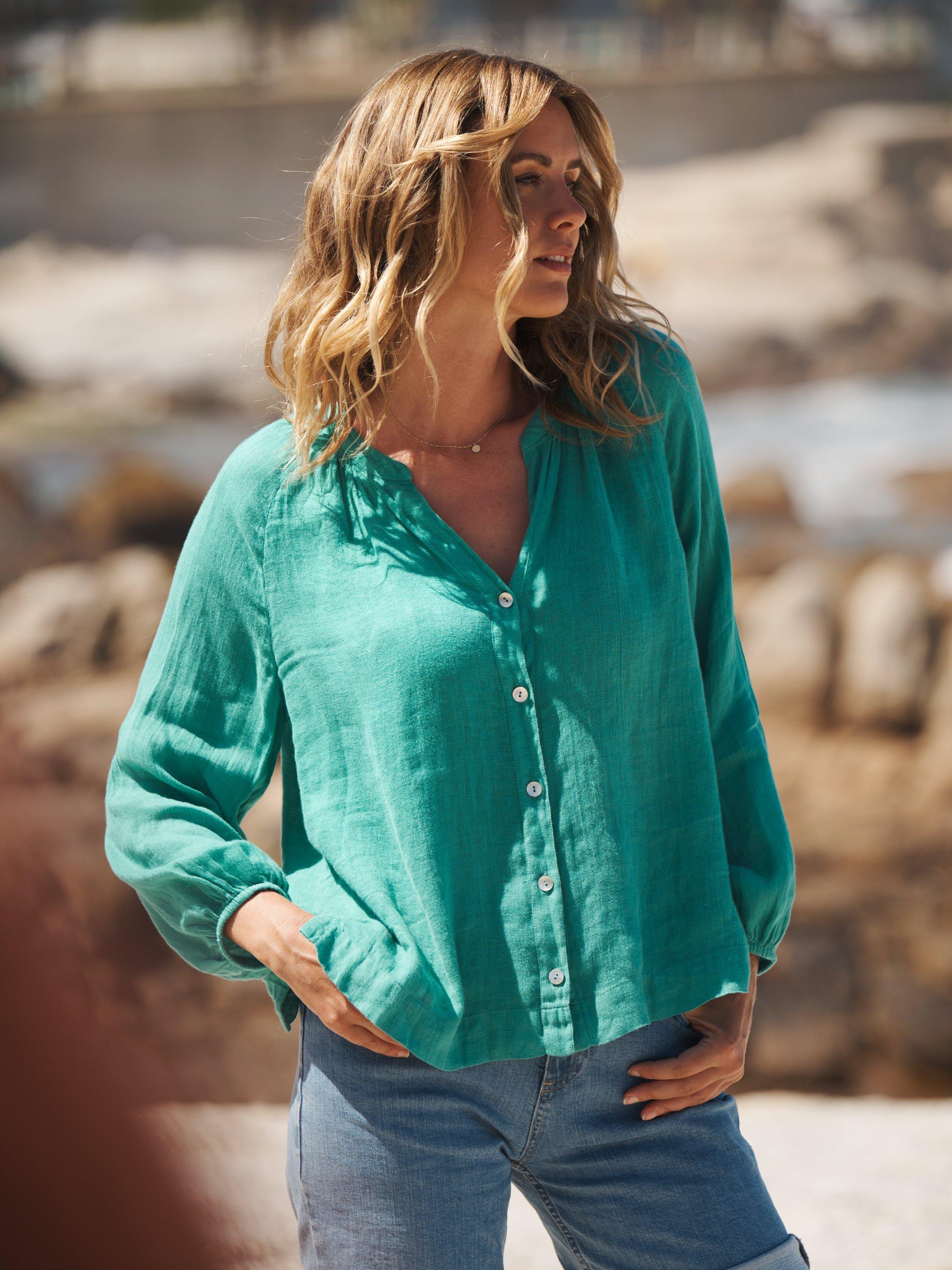 Product image 1 of 9, which shows NRBY Margot Gauze Linen Top, Green, XS