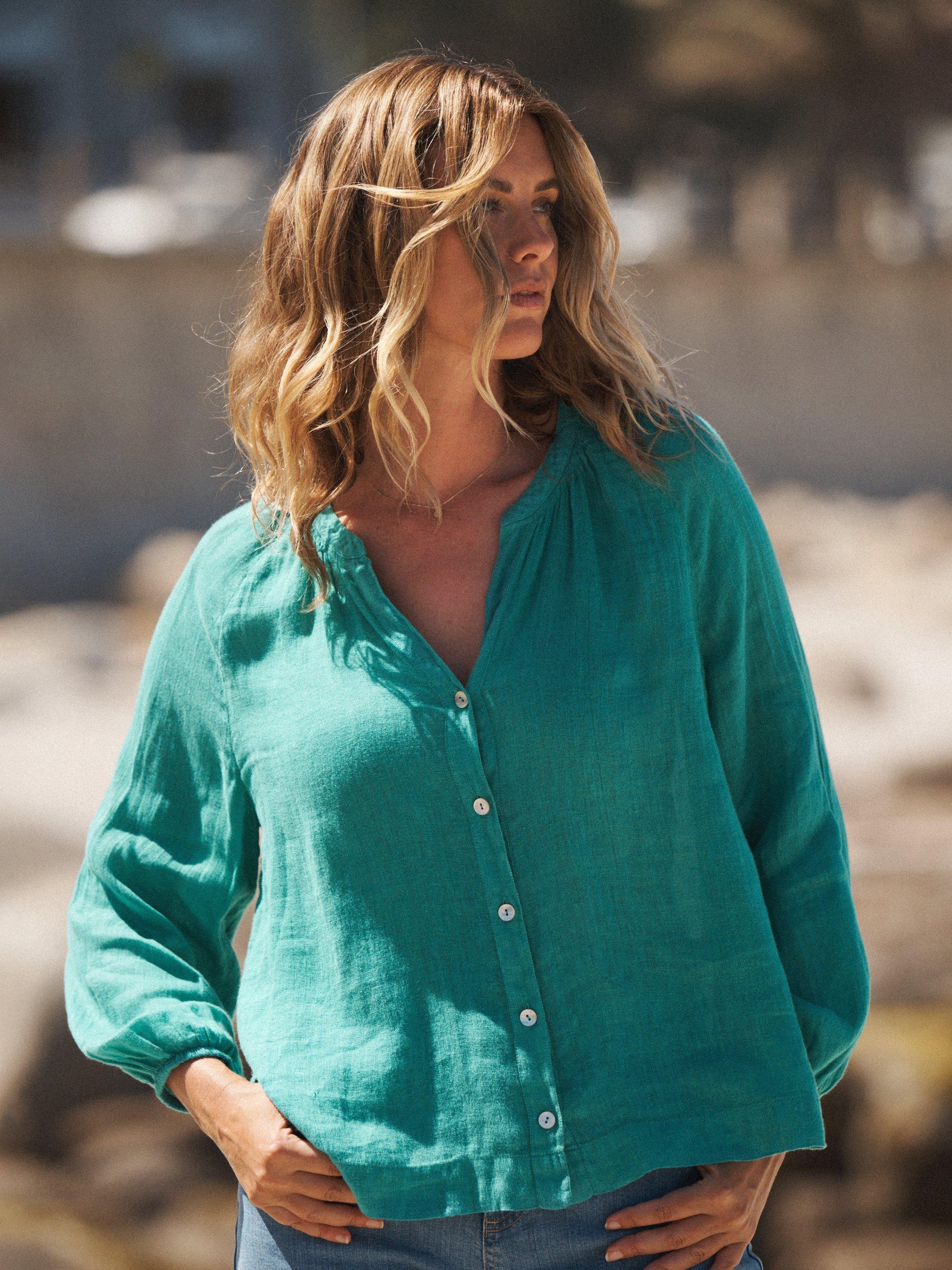 Product image 4 of 9, which shows NRBY Margot Gauze Linen Top, Green, XS