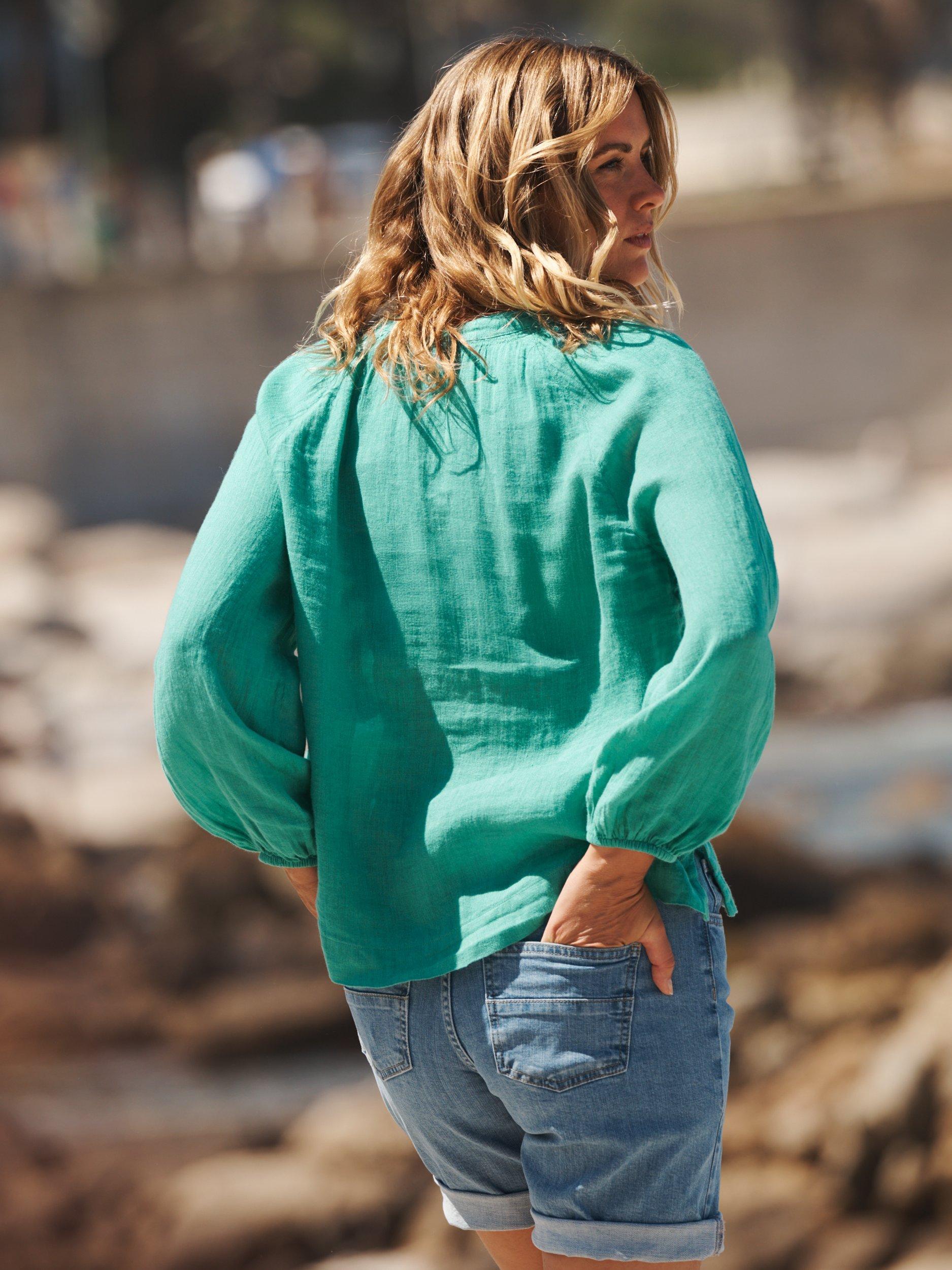 Product image 6 of 9, which shows NRBY Margot Gauze Linen Top, Green, XS