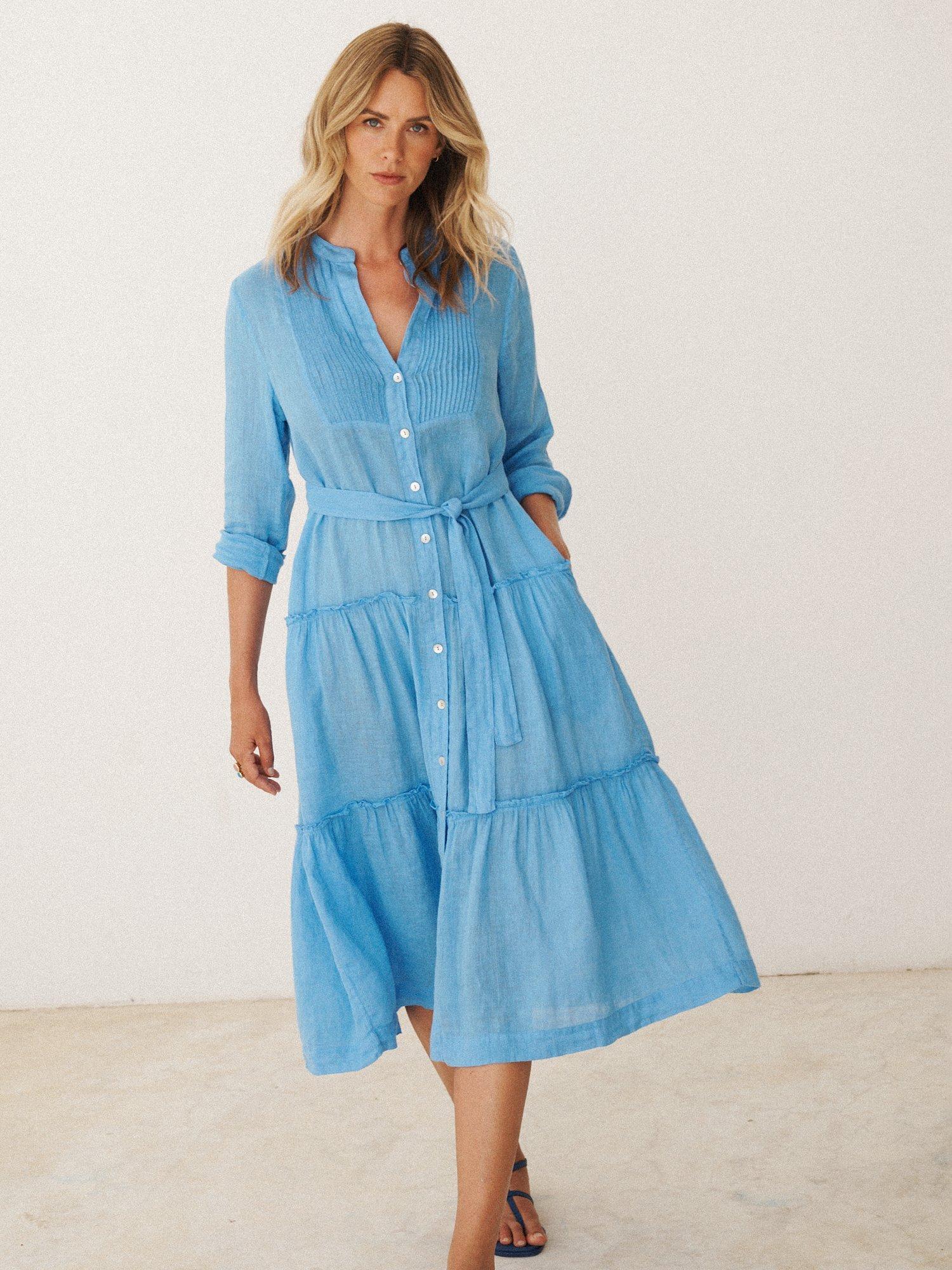 Product image 1 of 9, which shows NRBY X BOYD Braga Linen Tiered Midi Dress, Mid Blue, XS