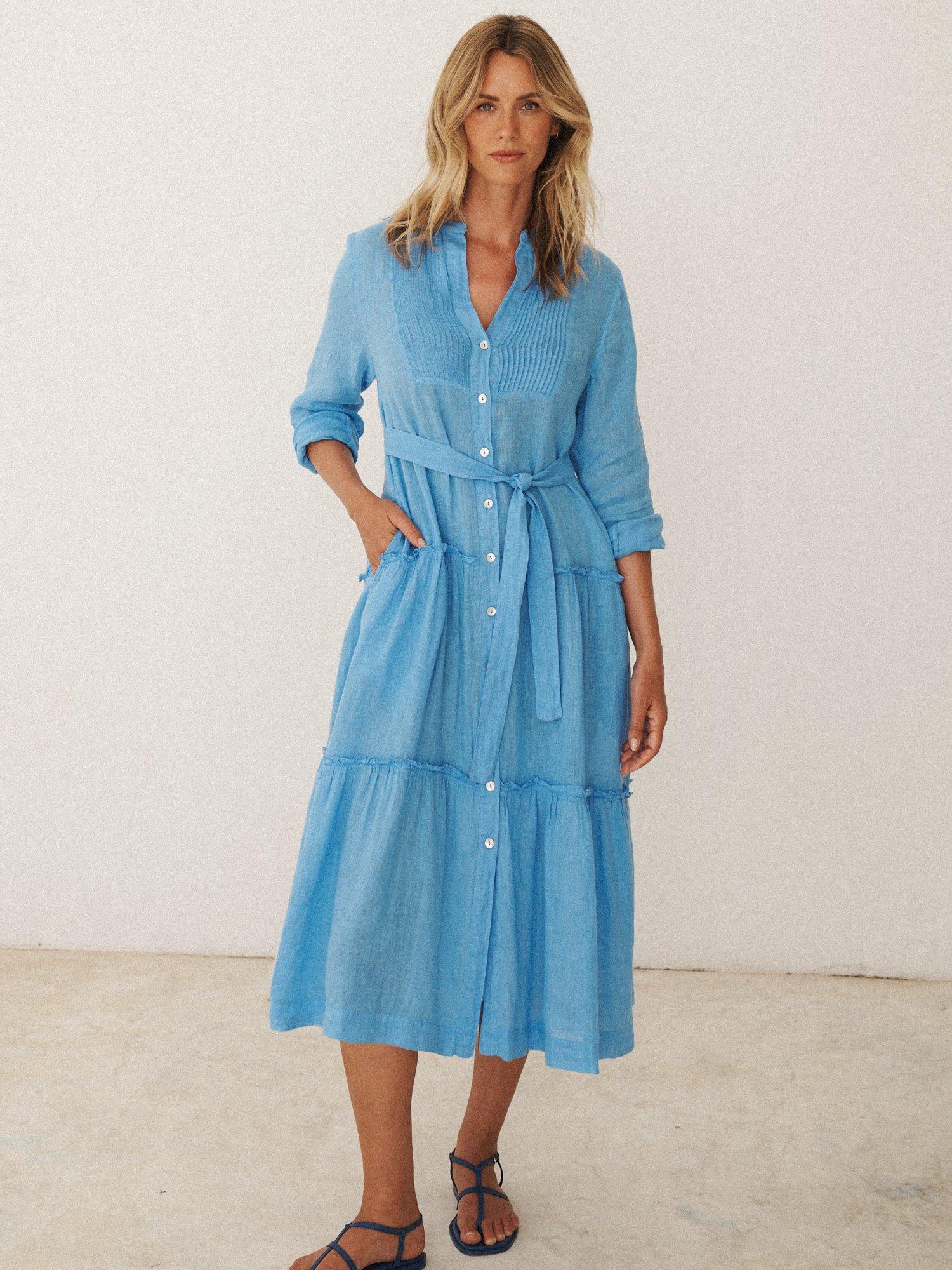 Product image 2 of 9, which shows NRBY X BOYD Braga Linen Tiered Midi Dress, Mid Blue, XS