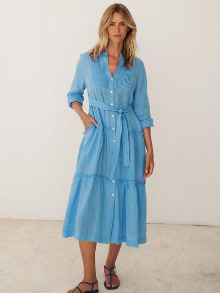 NRBY X BOYD Braga Linen Tiered Midi Dress - view 2, Mid Blue