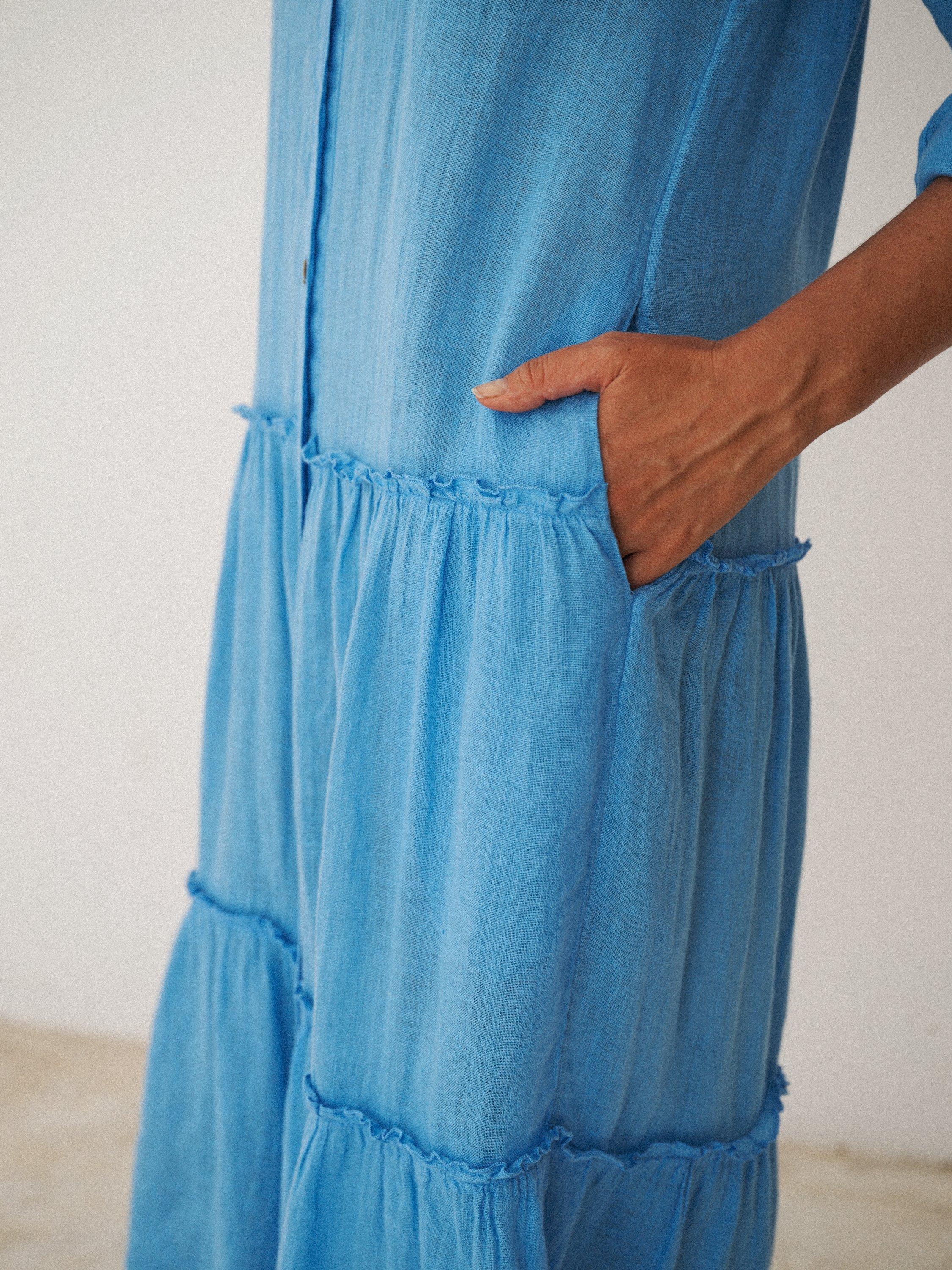 Product image 4 of 9, which shows NRBY X BOYD Braga Linen Tiered Midi Dress, Mid Blue, XS