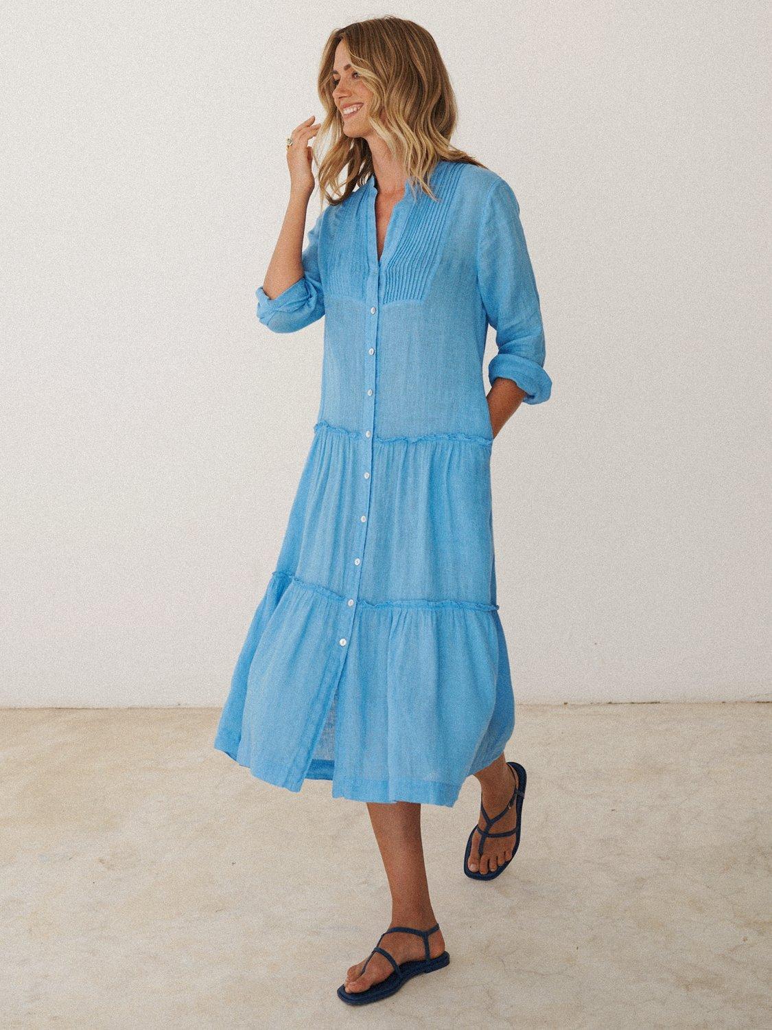 Product image 5 of 9, which shows NRBY X BOYD Braga Linen Tiered Midi Dress, Mid Blue, XS