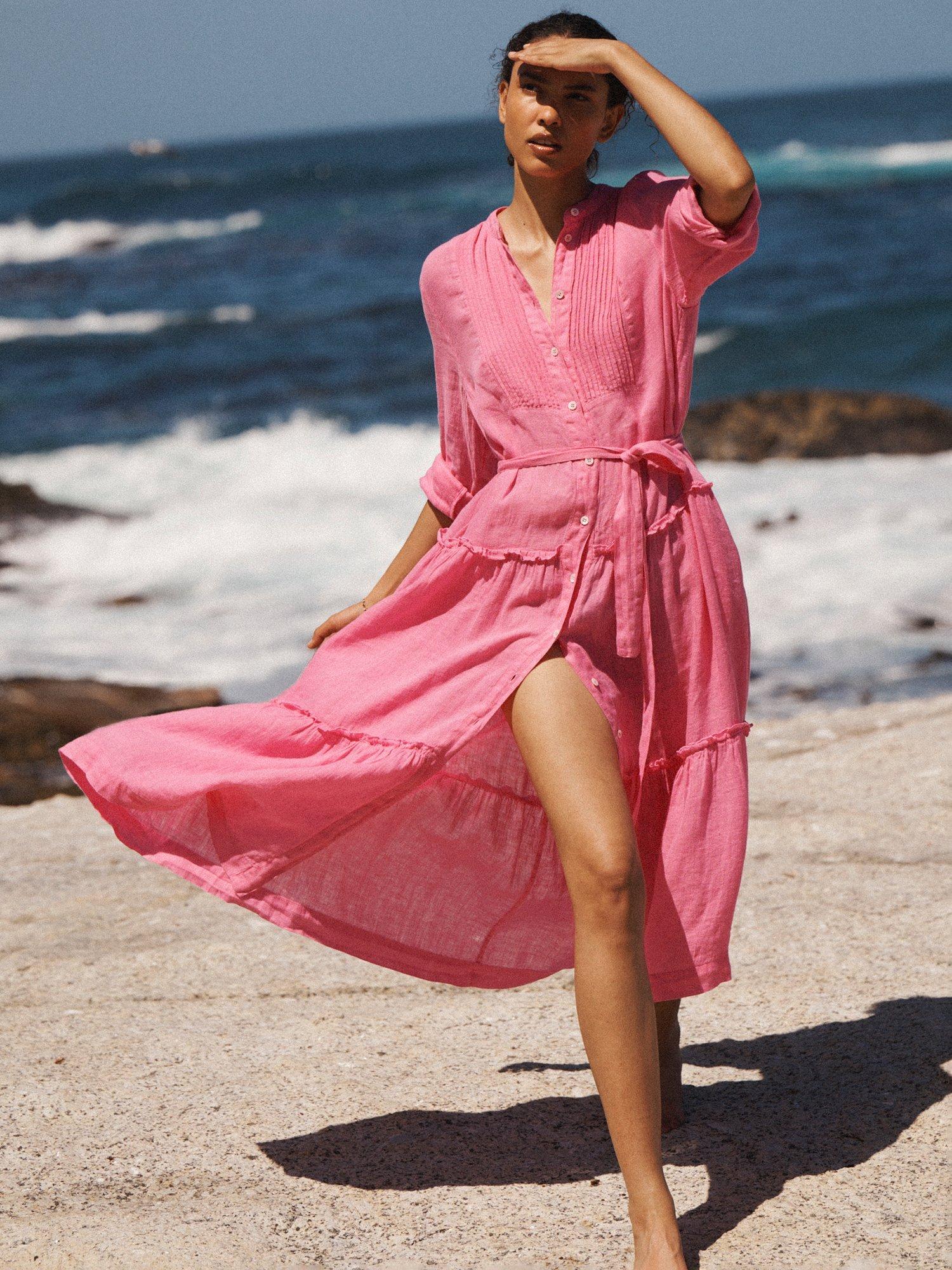 Product image 1 of 9, which shows NRBY X BOYD Braga Linen Tiered Midi Dress, Mid Pink, XS