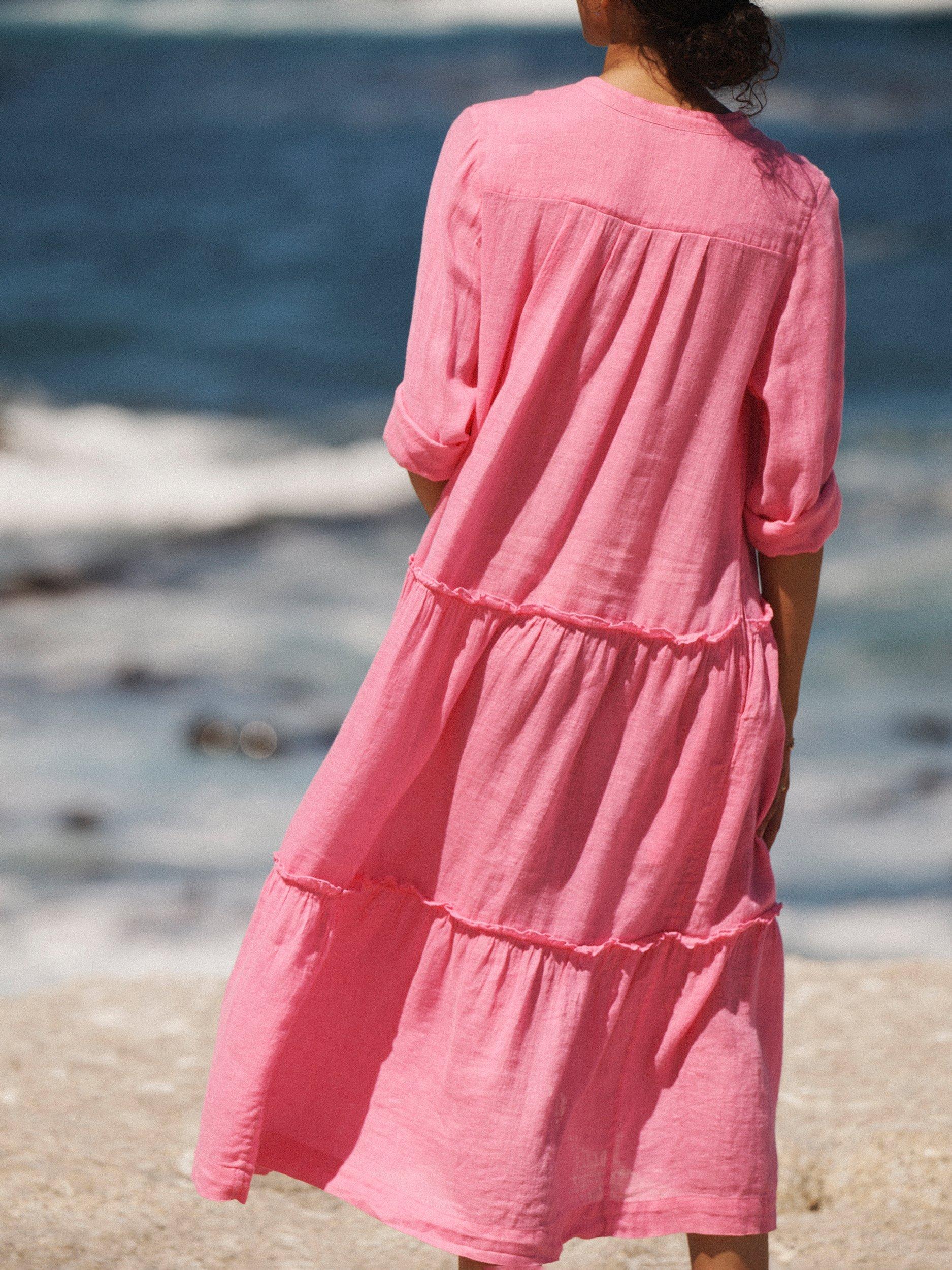 Product image 5 of 9, which shows NRBY X BOYD Braga Linen Tiered Midi Dress, Mid Pink, XS