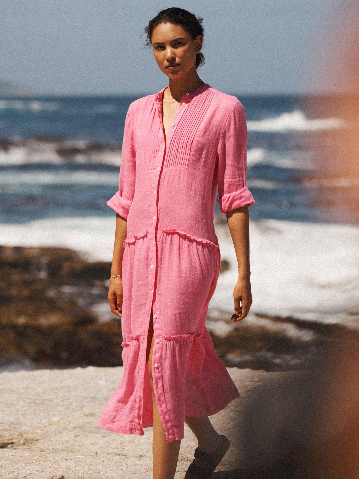 Product image 8 of 9, which shows NRBY X BOYD Braga Linen Tiered Midi Dress, Mid Pink, XS