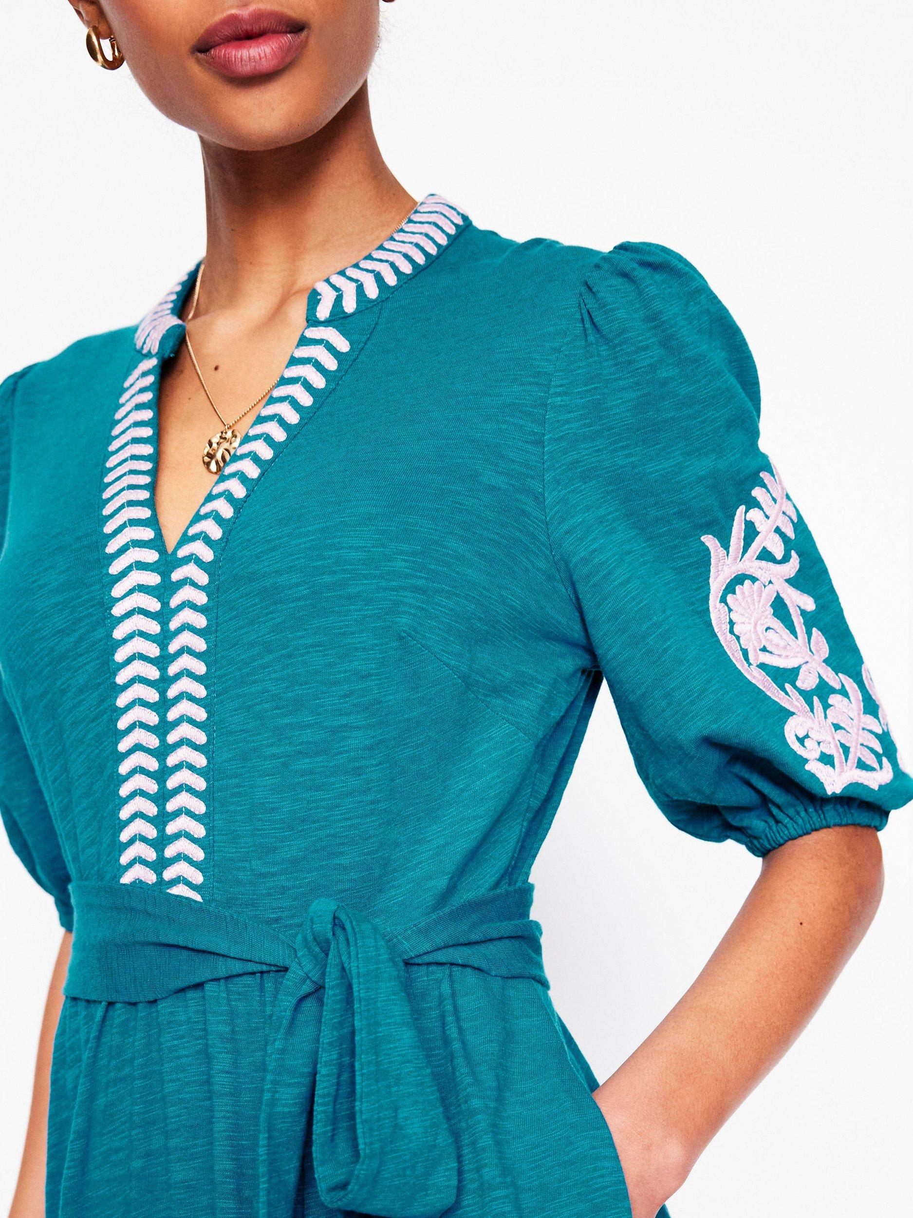 Product image 2 of 5, which shows Boden Amara Cotton Embroidered Maxi Dress, Deep Sea, 8