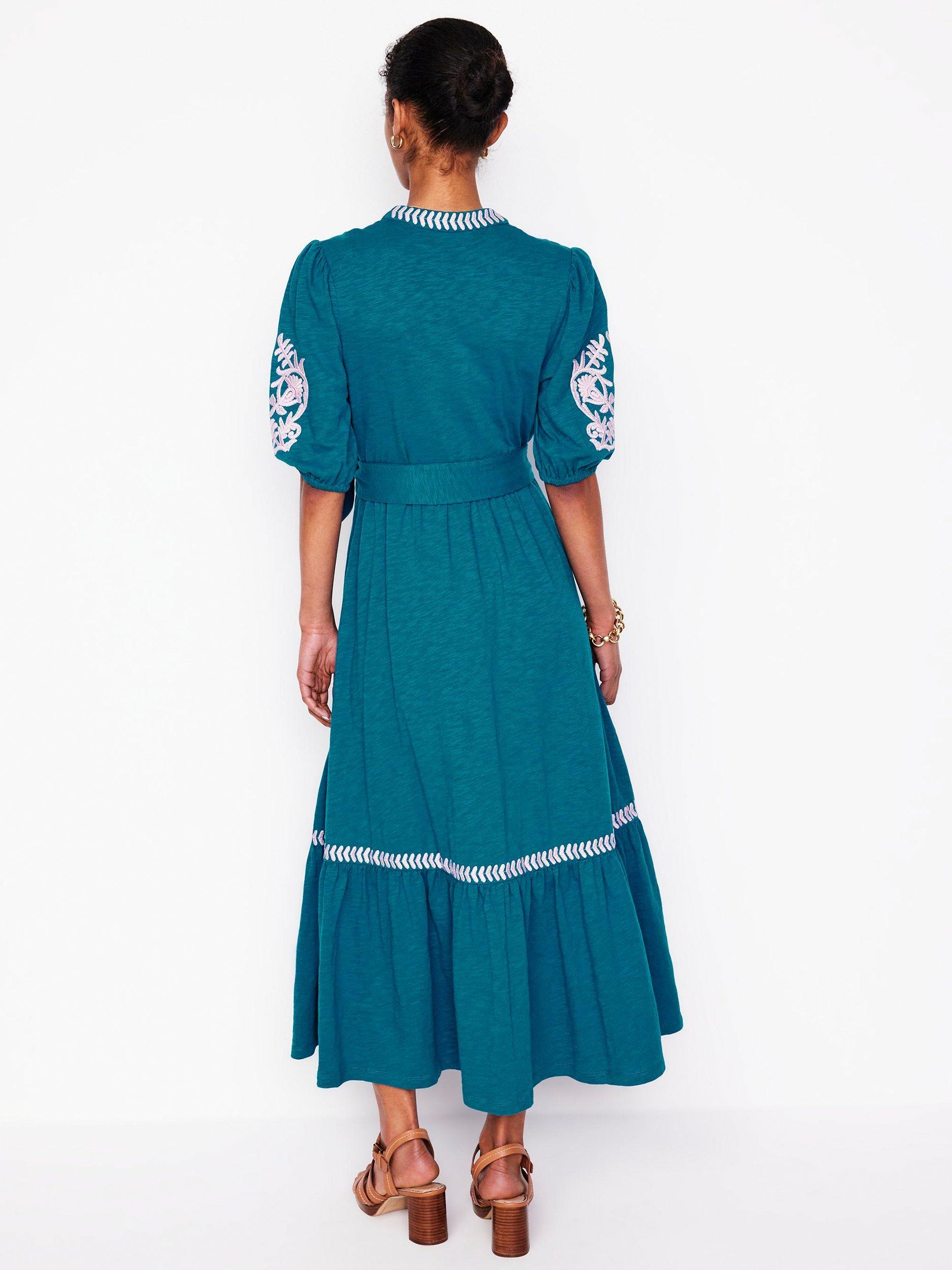 Product image 3 of 5, which shows Boden Amara Cotton Embroidered Maxi Dress, Deep Sea, 8