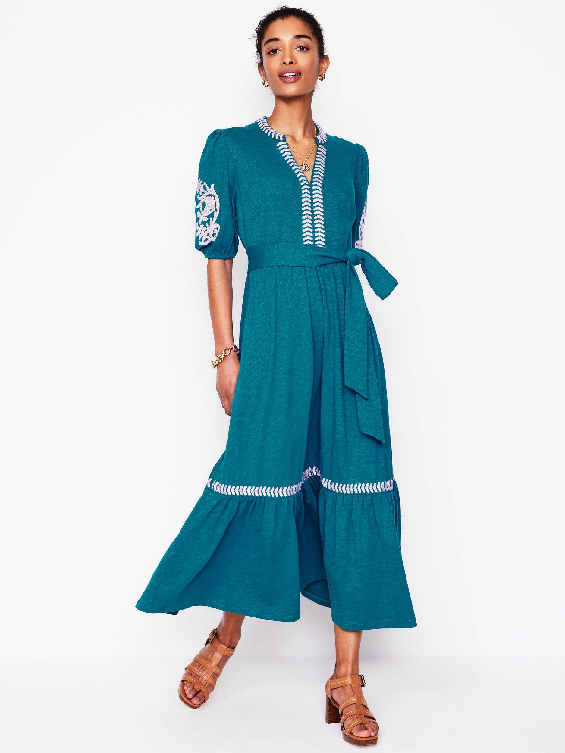 Product image 4 of 5, which shows Boden Amara Cotton Embroidered Maxi Dress, Deep Sea, 8
