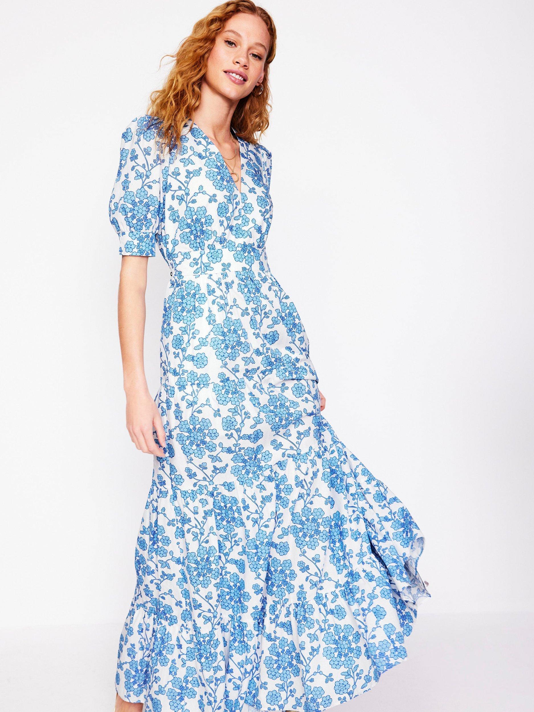 Product image 1 of 5, which shows Boden Bella Cotton Puff Sleeve Floral Print Maxi Dress, Ivory/Yarrow, 8
