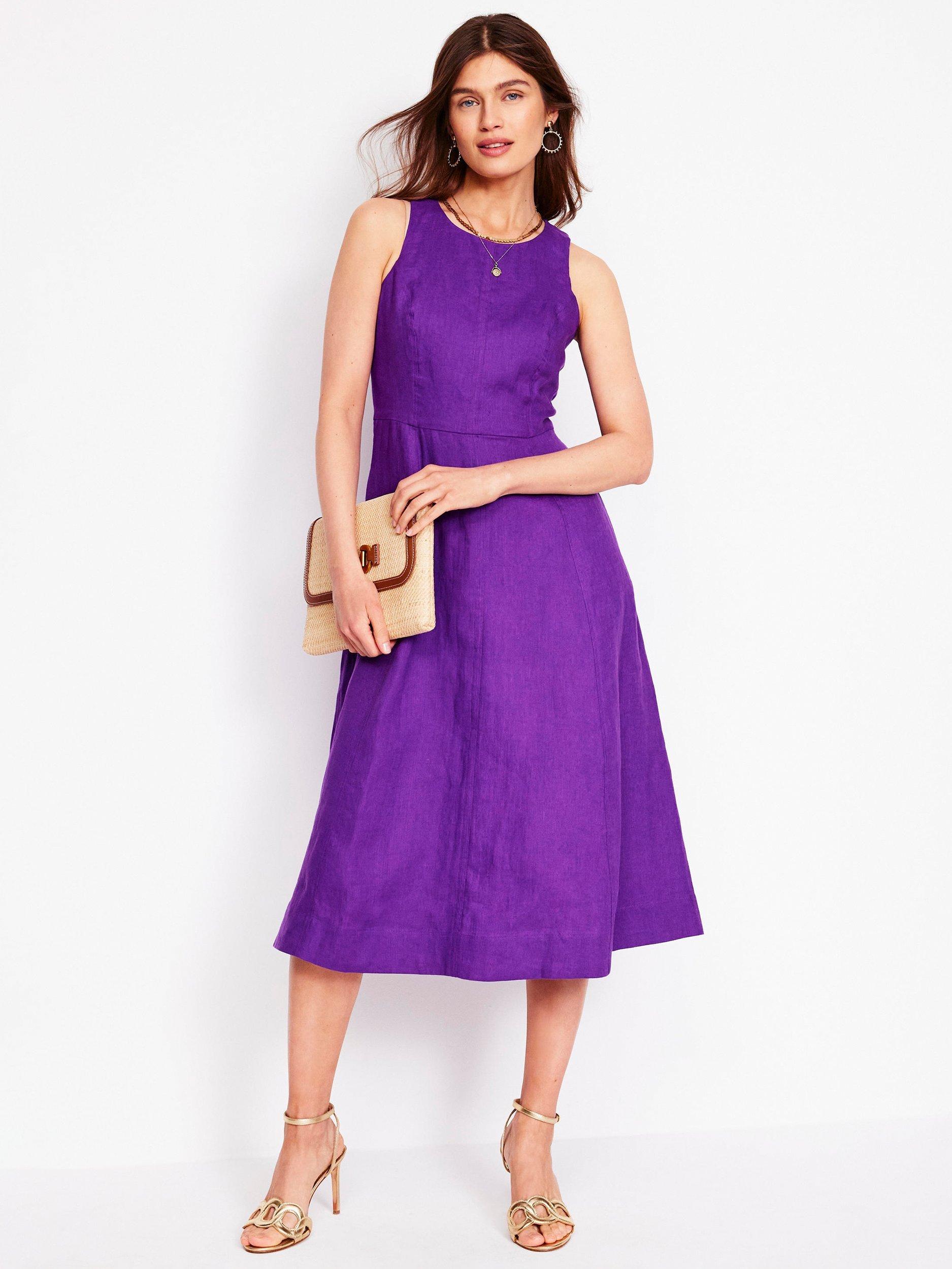 Boden Carla Linen Sleeveless Midi Dress, Royal Purple
