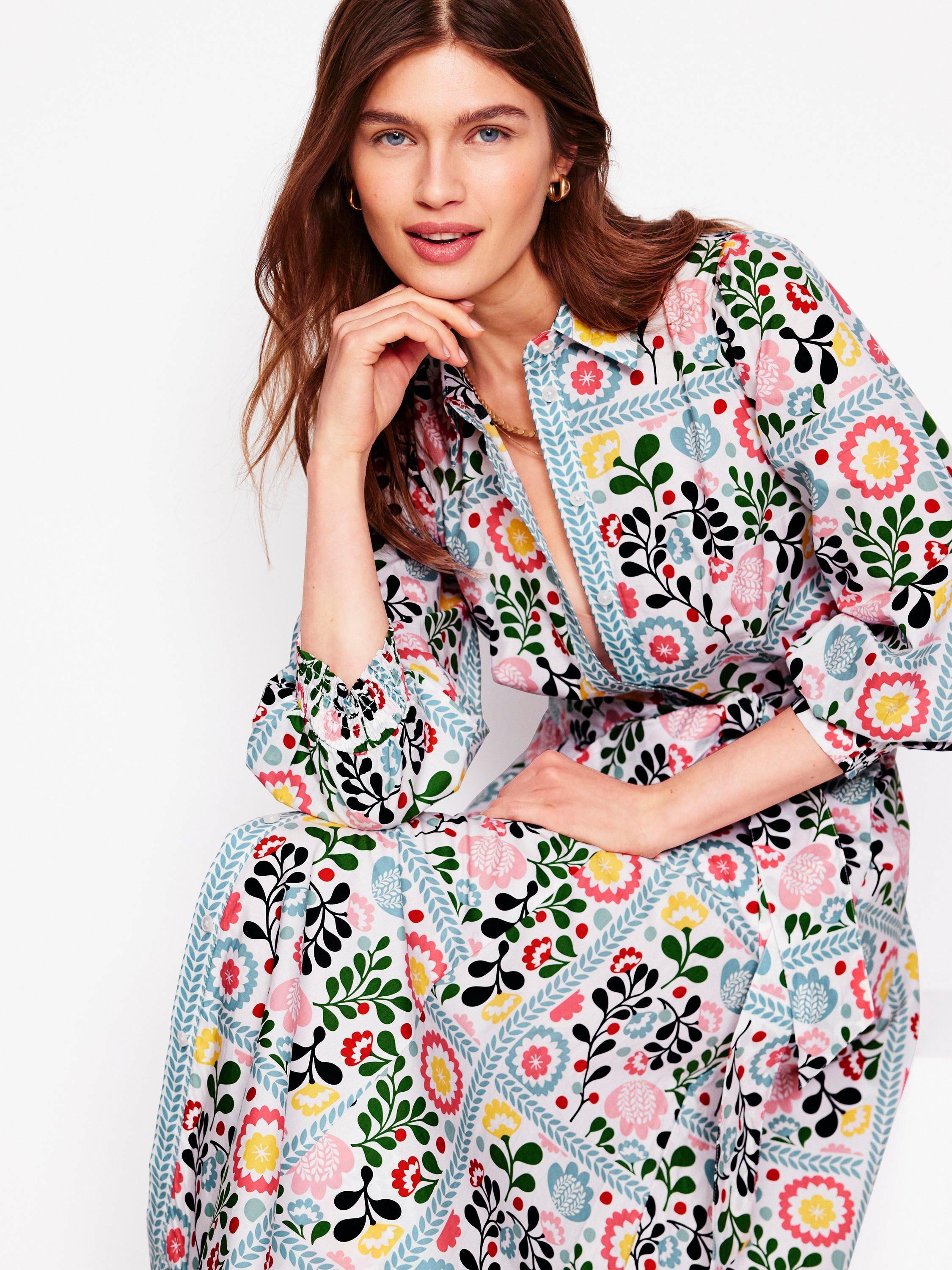 Product image 1 of 5, which shows Boden Clara Cotton Floral Print Shirt Dress, Multi, 14