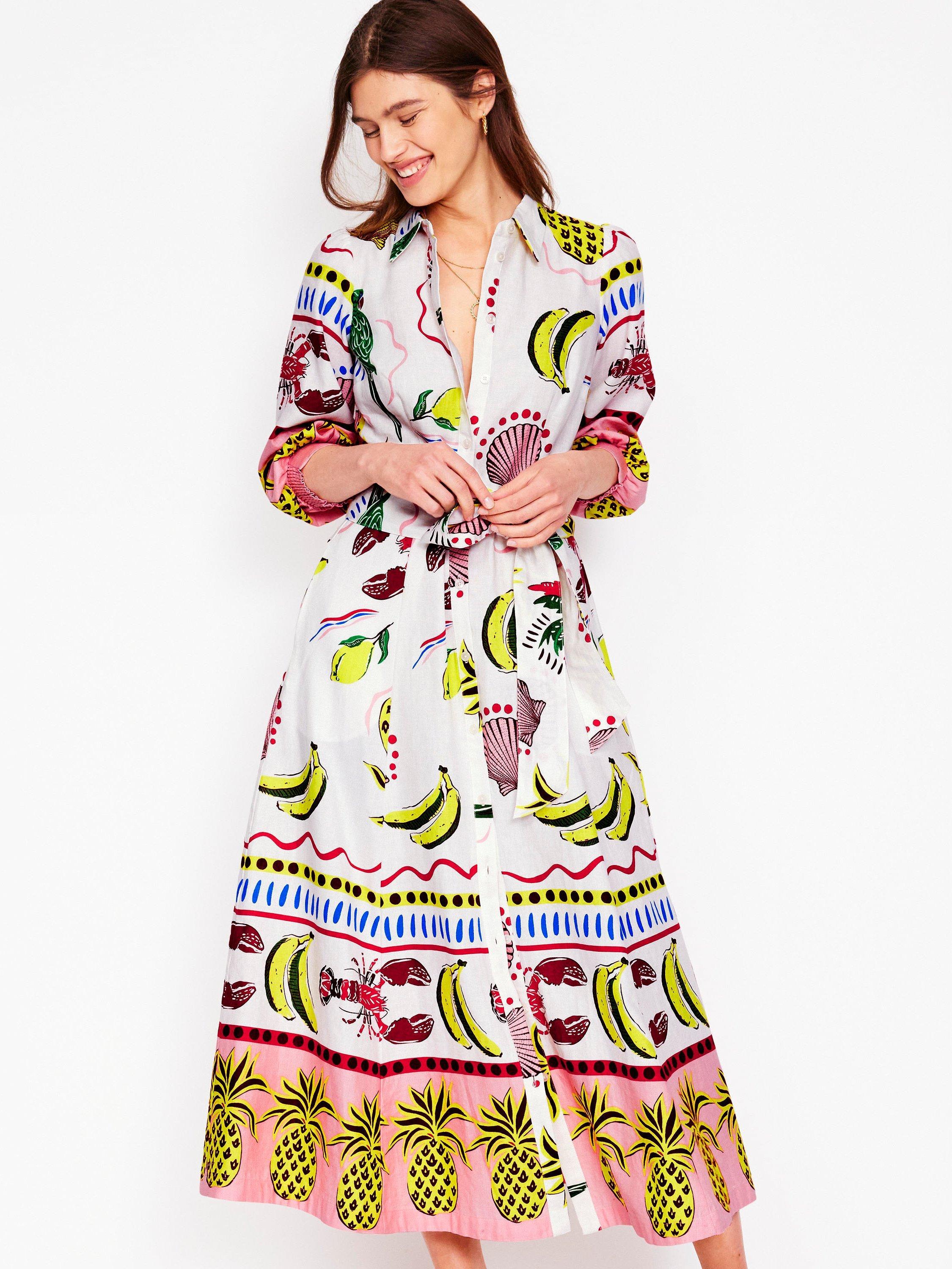 Product image 4 of 5, which shows Boden Clara Linen Cotton Blend Printed Shirt Dress, Multi, 8