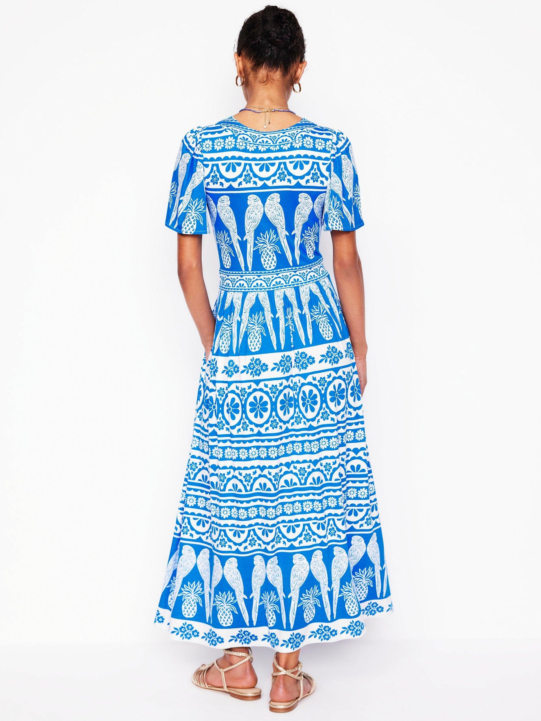 Product image 3 of 5, which shows Boden Ellie Flutter Sleeves Maxi Jersey Tea Dress, Blue/Multi, 8