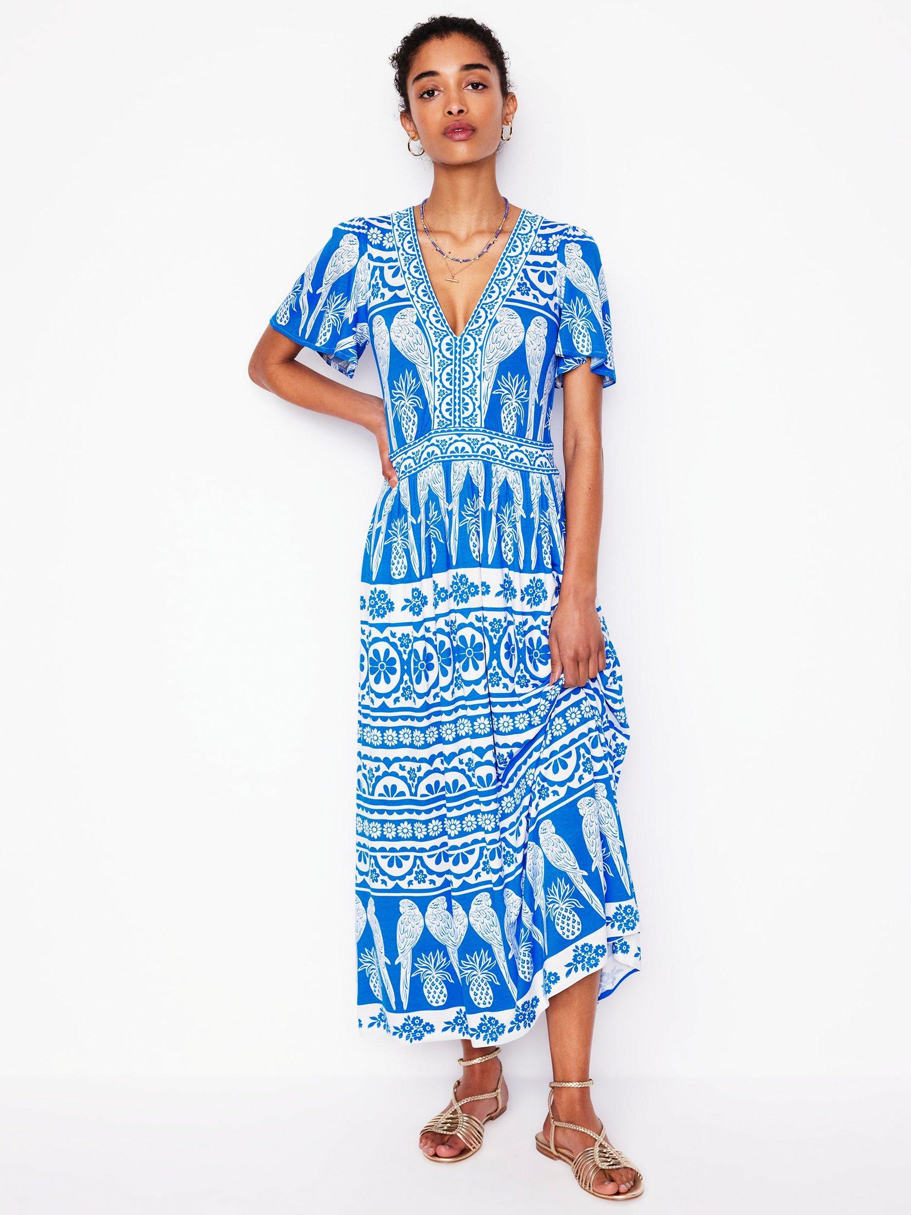 Product image 4 of 5, which shows Boden Ellie Flutter Sleeves Maxi Jersey Tea Dress, Blue/Multi, 8