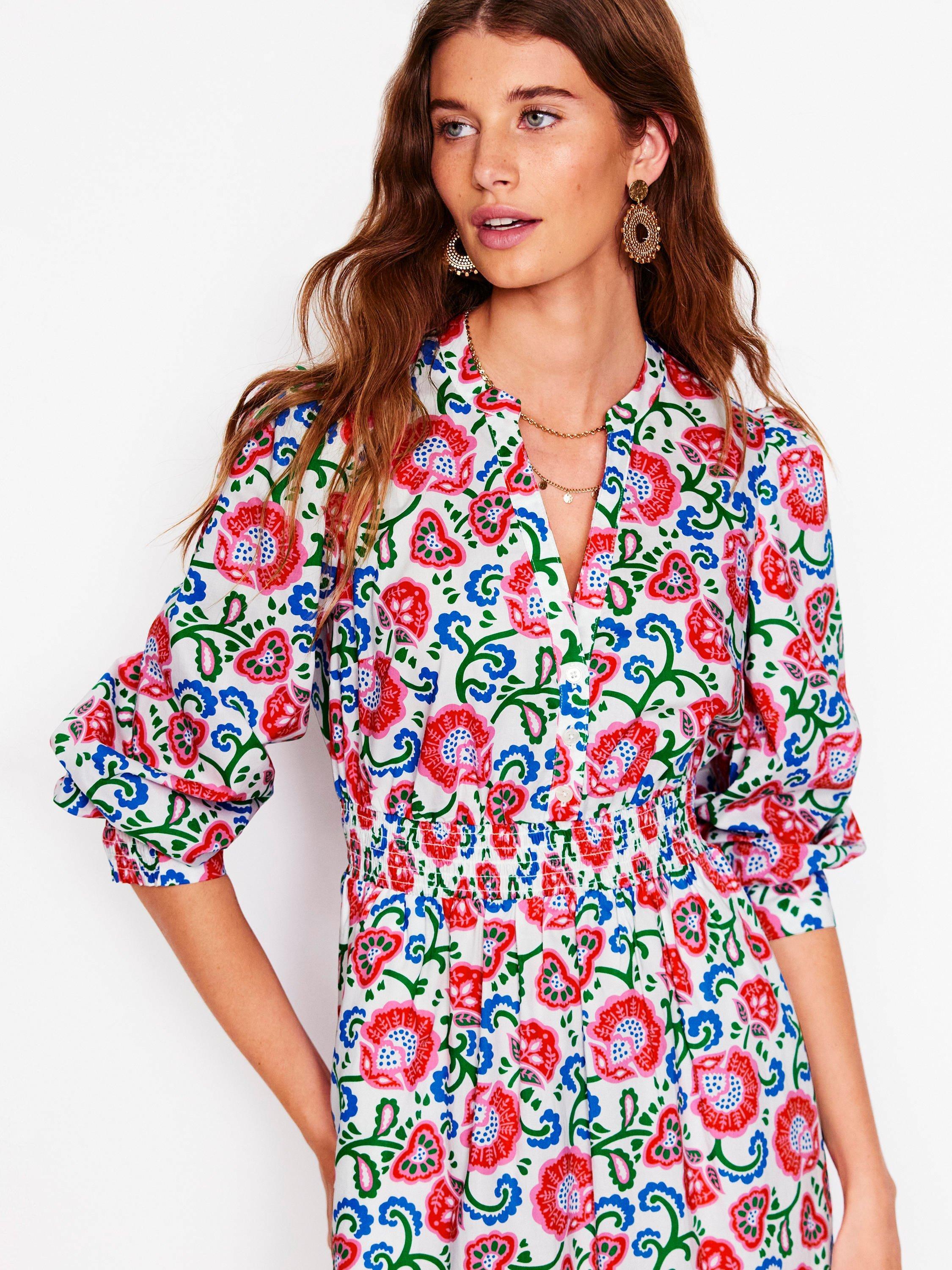 Product image 2 of 5, which shows Boden Elena Floral Tiered Cotton Midi Dress, Ivory/Garden Vine, 8