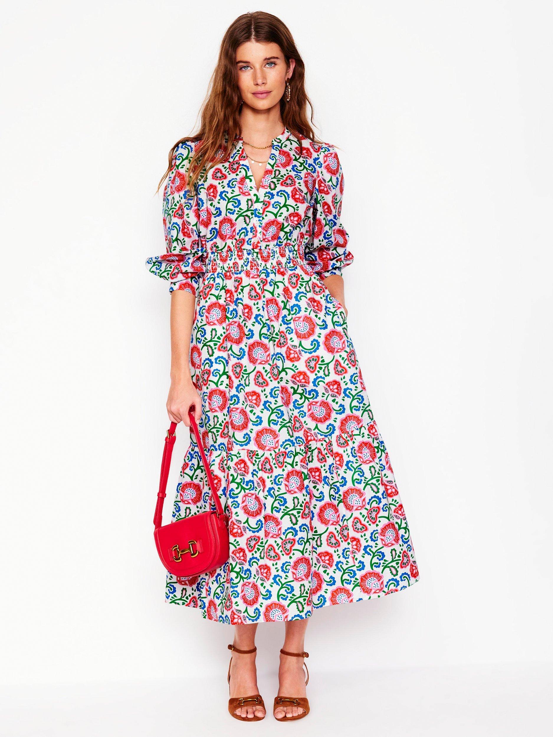 Product image 4 of 5, which shows Boden Elena Floral Tiered Cotton Midi Dress, Ivory/Garden Vine, 8