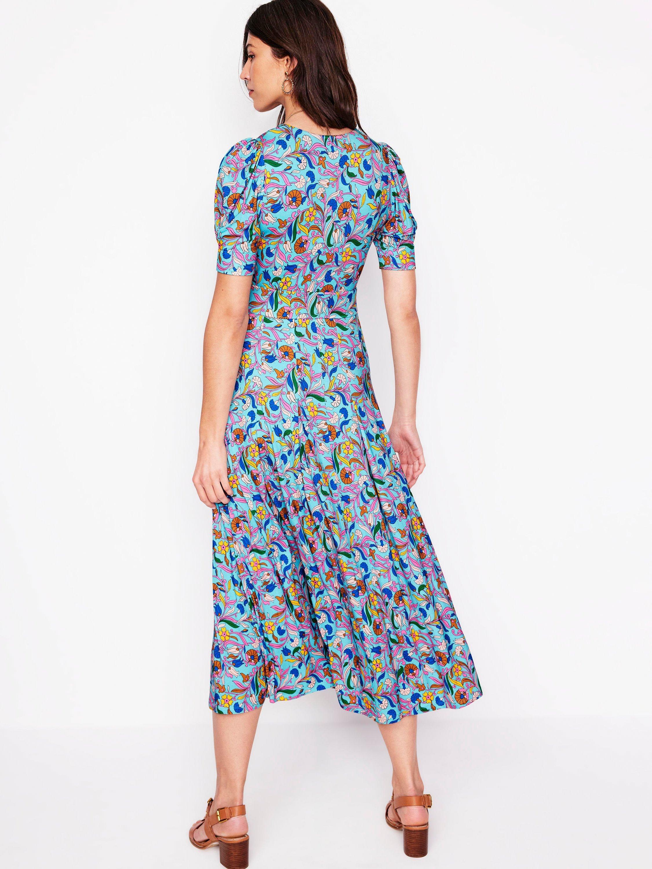 Product image 3 of 5, which shows Boden Kristen Floral Pleated Jersey Dress, Blue/Multi, 10
